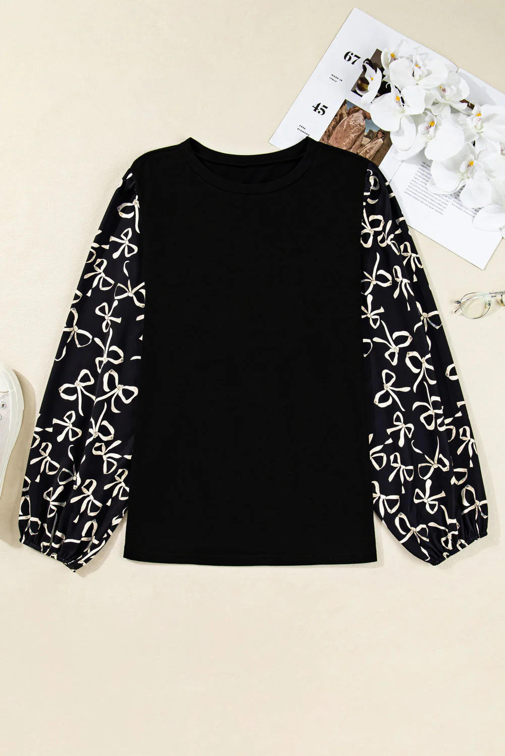 Black Bow Print Sleeve Patchwork Plus Size Blouse - Image 4