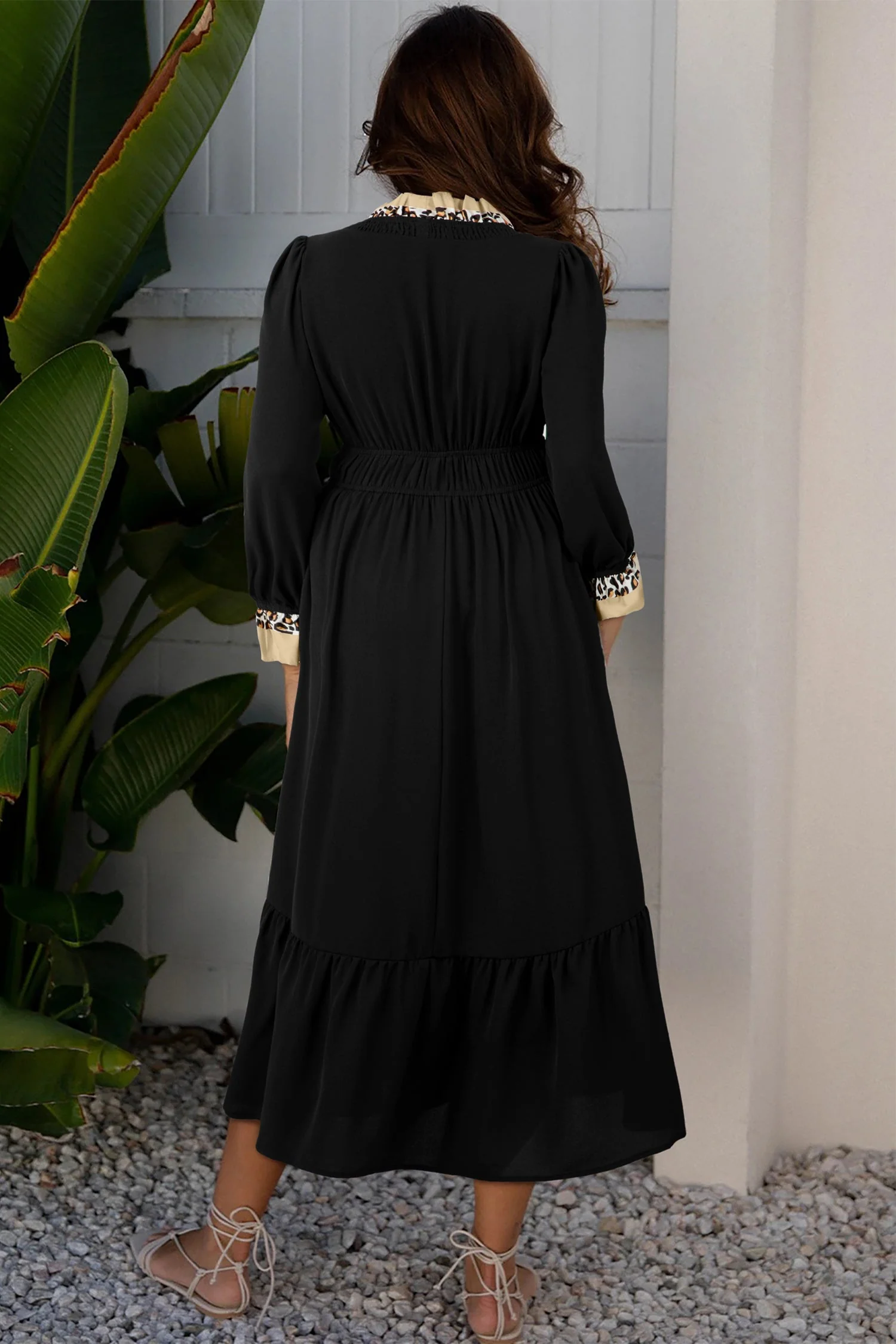 Black Contrast Leopard Frilled Trim V Neck Bracelet Sleeve Midi Dress - Image 2
