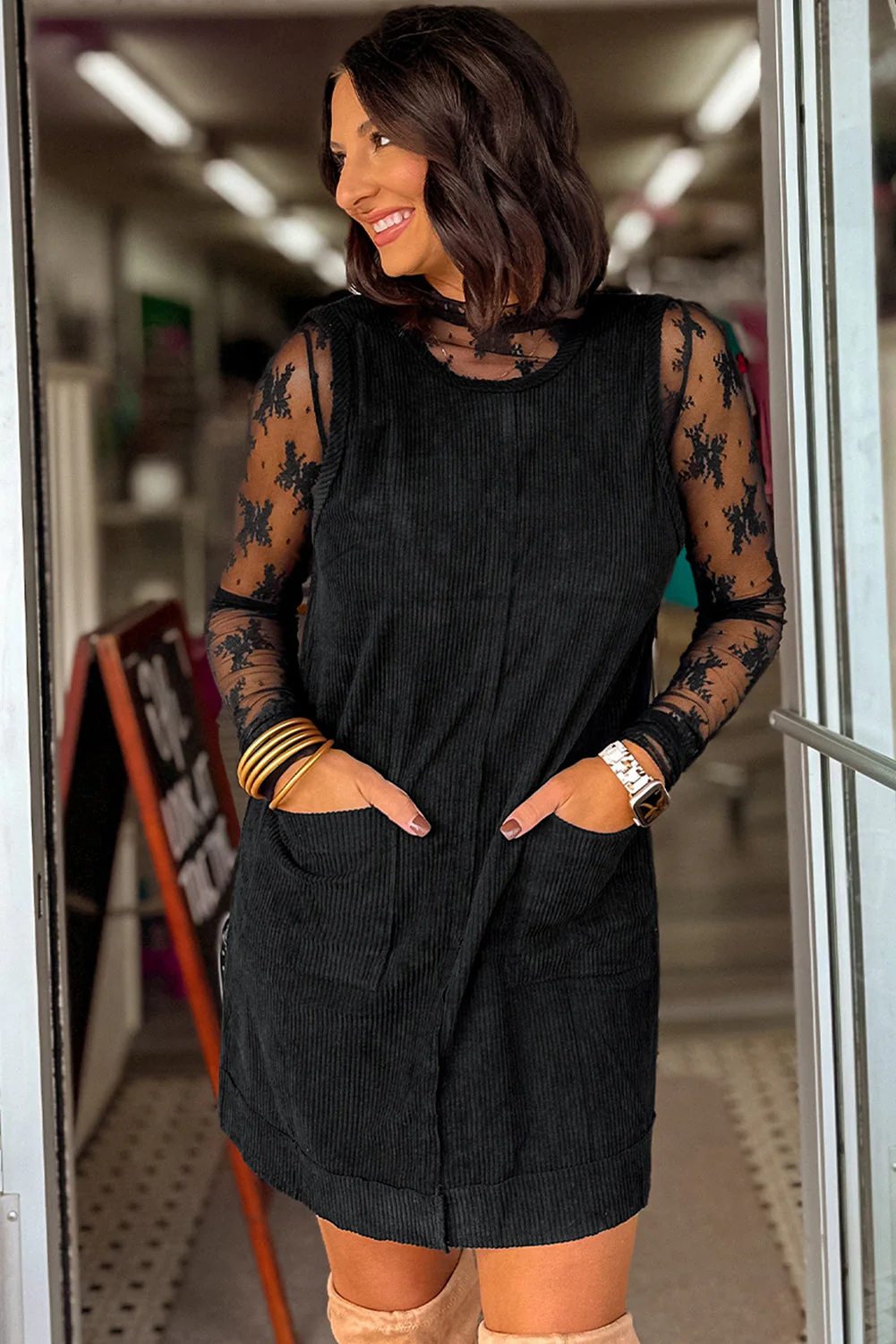 Black Corduroy Exposed Seam Sleeveless Mini Dress - Image 4