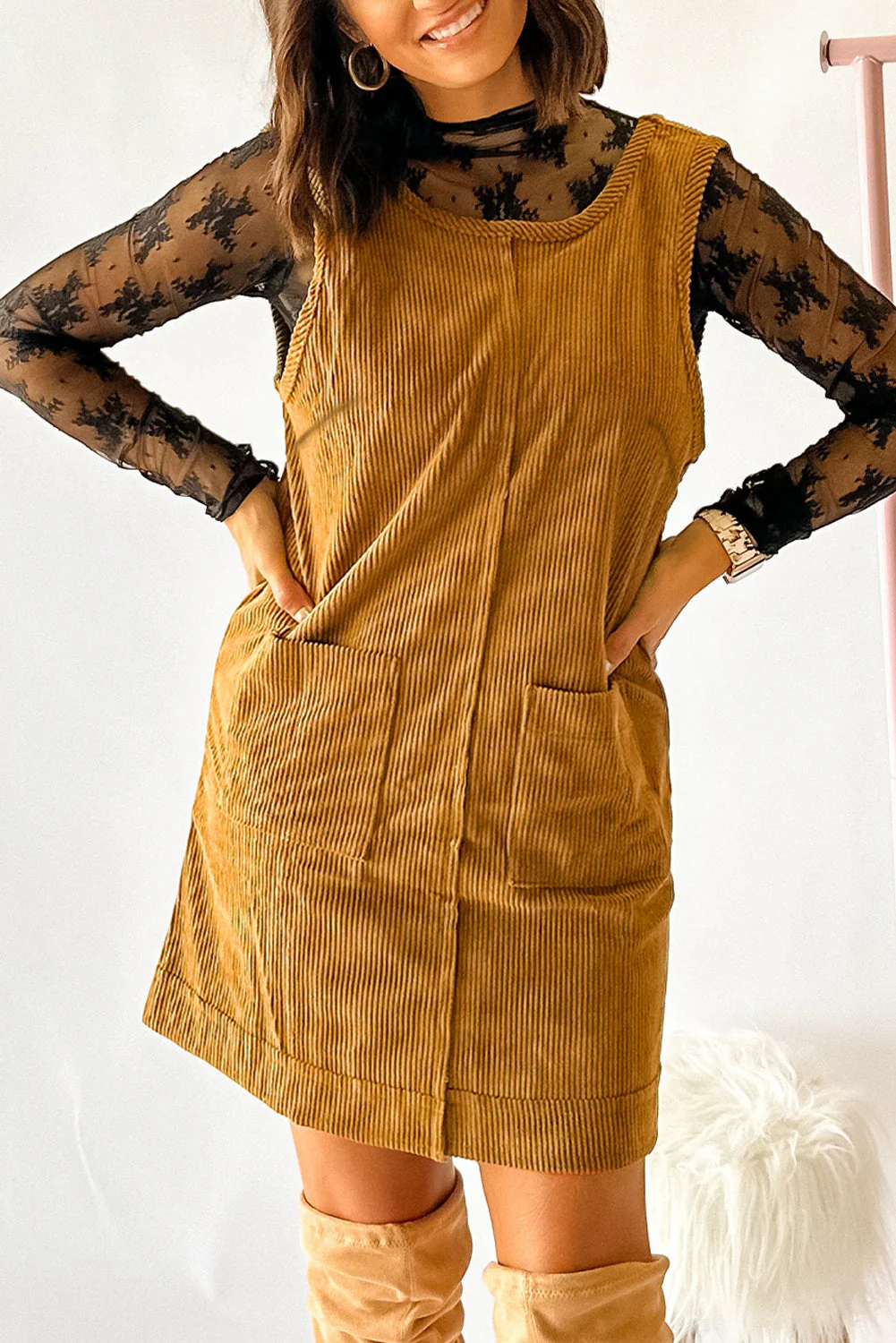 Black Corduroy Exposed Seam Sleeveless Mini Dress - Image 9