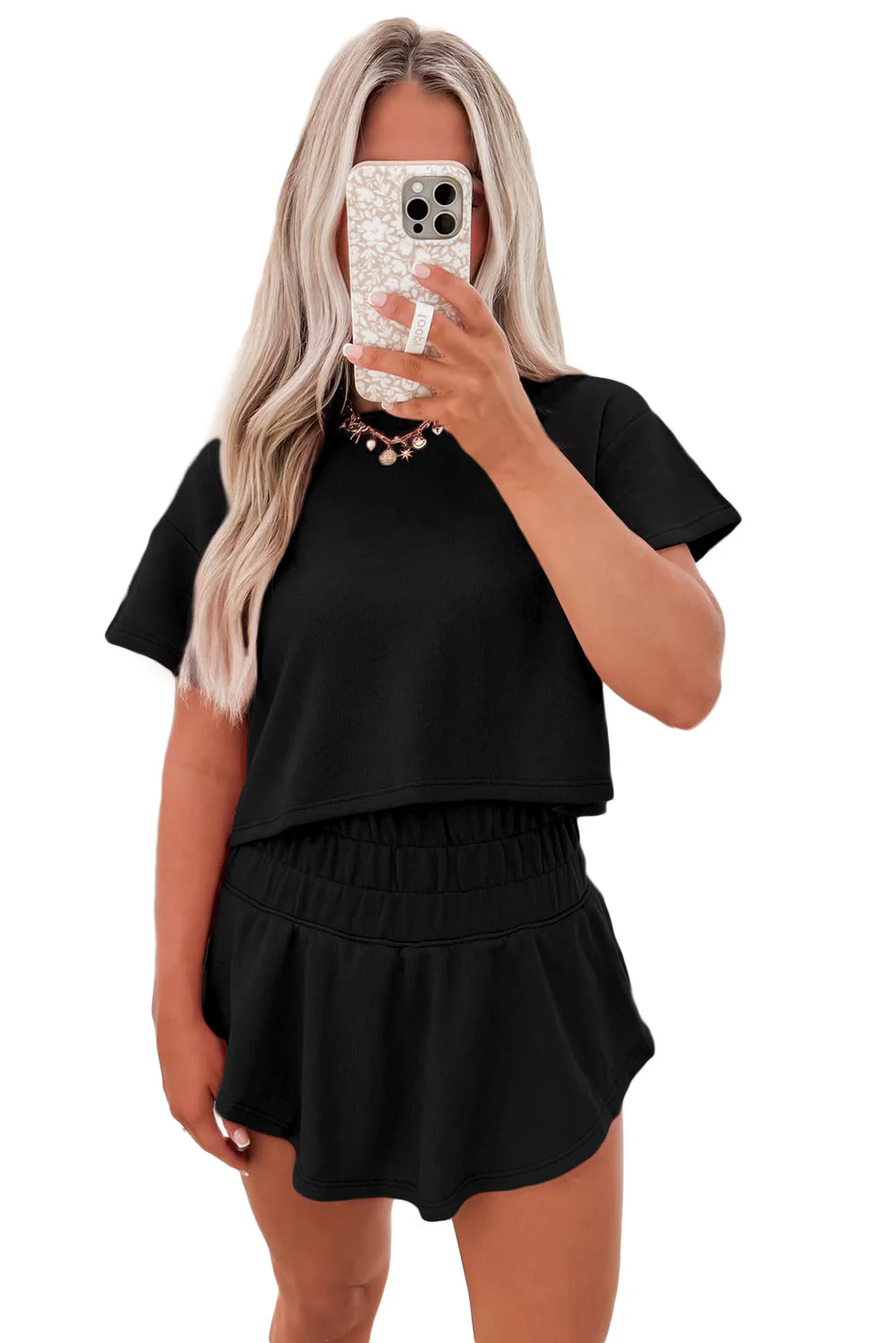 Black Cropped Tee and Ruffle High Waist Skort Set - Image 4
