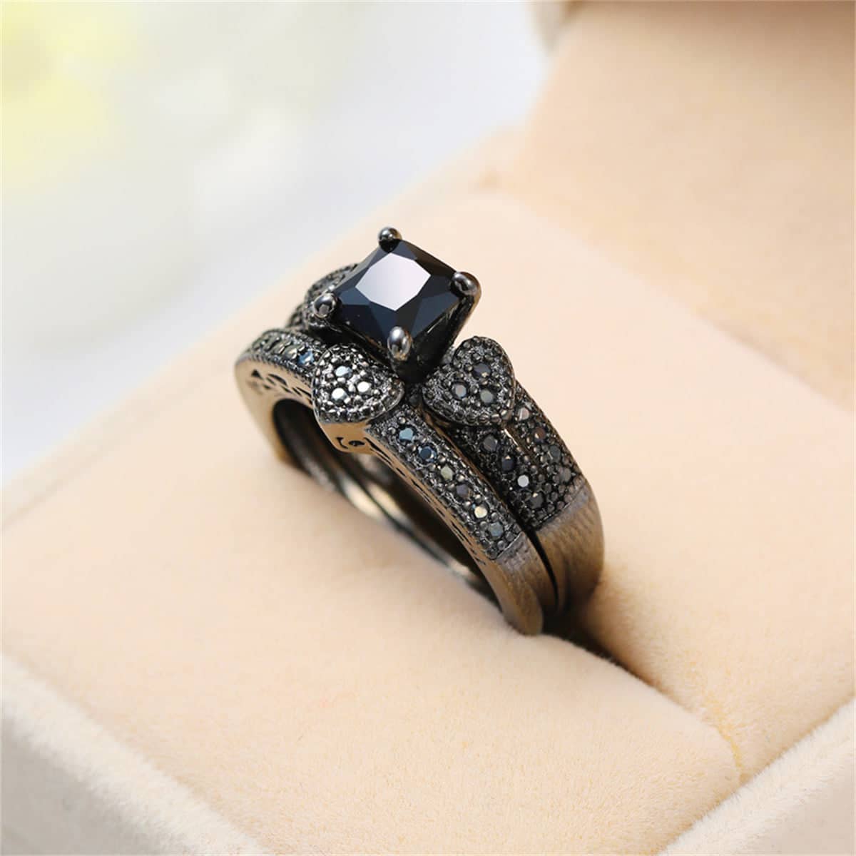 Black Crystal & Black Cubic Zirconia Heart Princess-Cut Ring & Pavé Band - Image 5