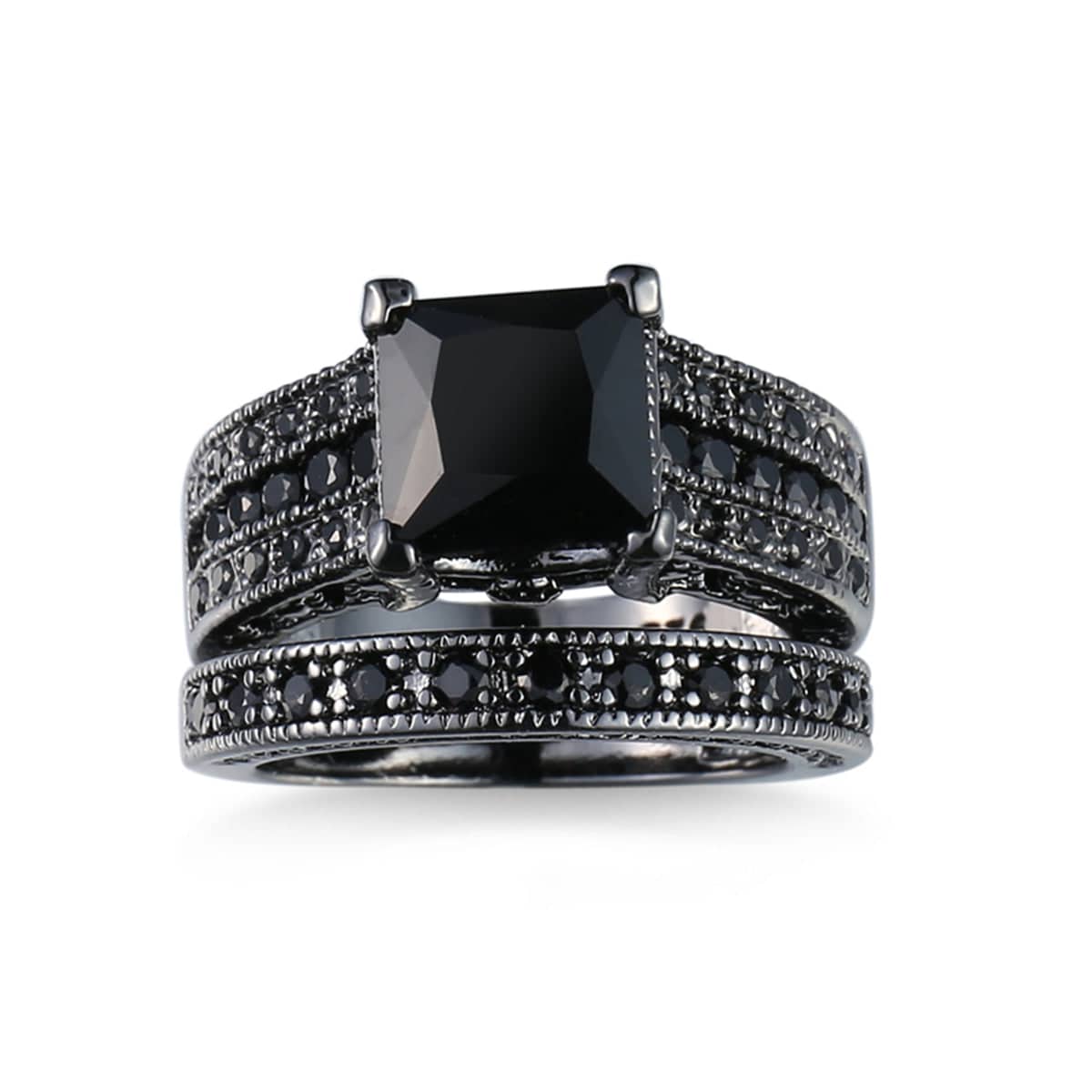 Black Crystal & Cubic Zirconia Band Ring Set - Image 2
