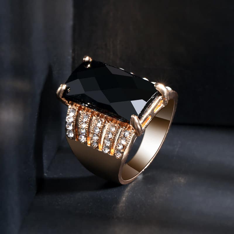 Black Crystal & Cubic Zirconia Goldtone Rectangle Prong Ring - Image 4