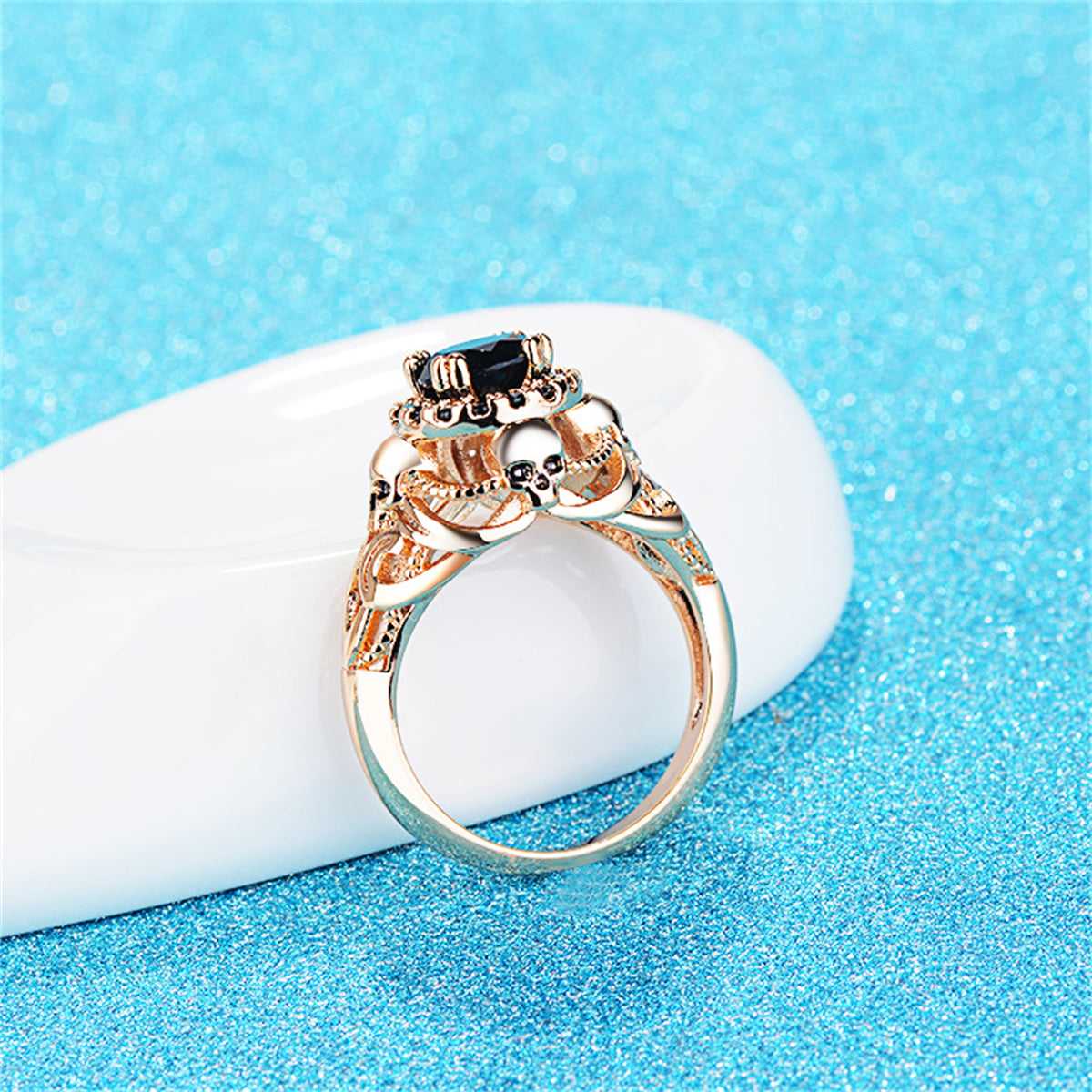 Black Crystal & Cubic Zirconia Goldtone Skull Ring - Image 4