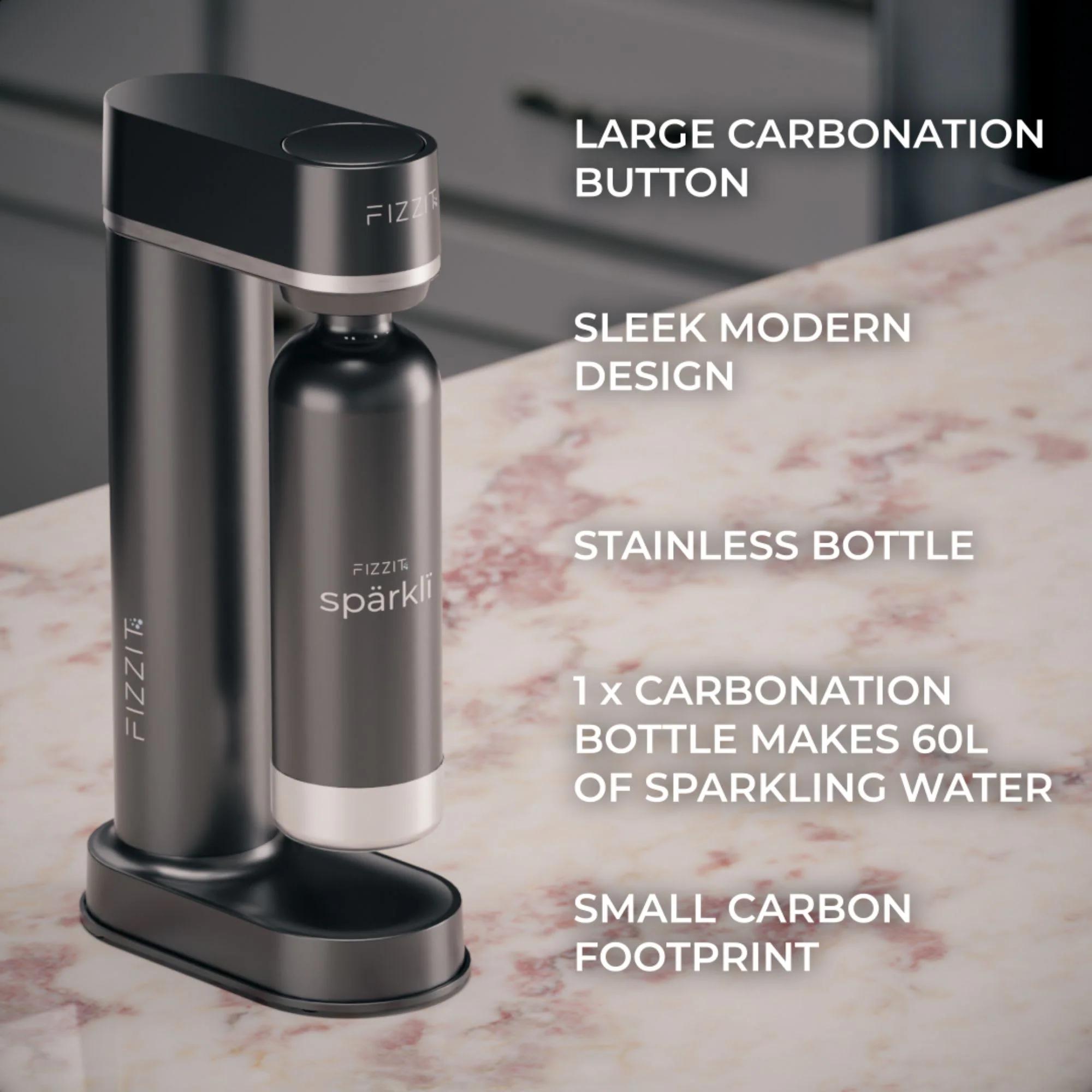 Black Fizzit Stainless Steel Sparkling Water Maker Bundle | Includes Soda Maker, CO2 Cylinder, & 12-Flavor Variety Pack | Customizable Carbonated Water Machine, Reusable Bottle & Eco-Friendly - Image 2