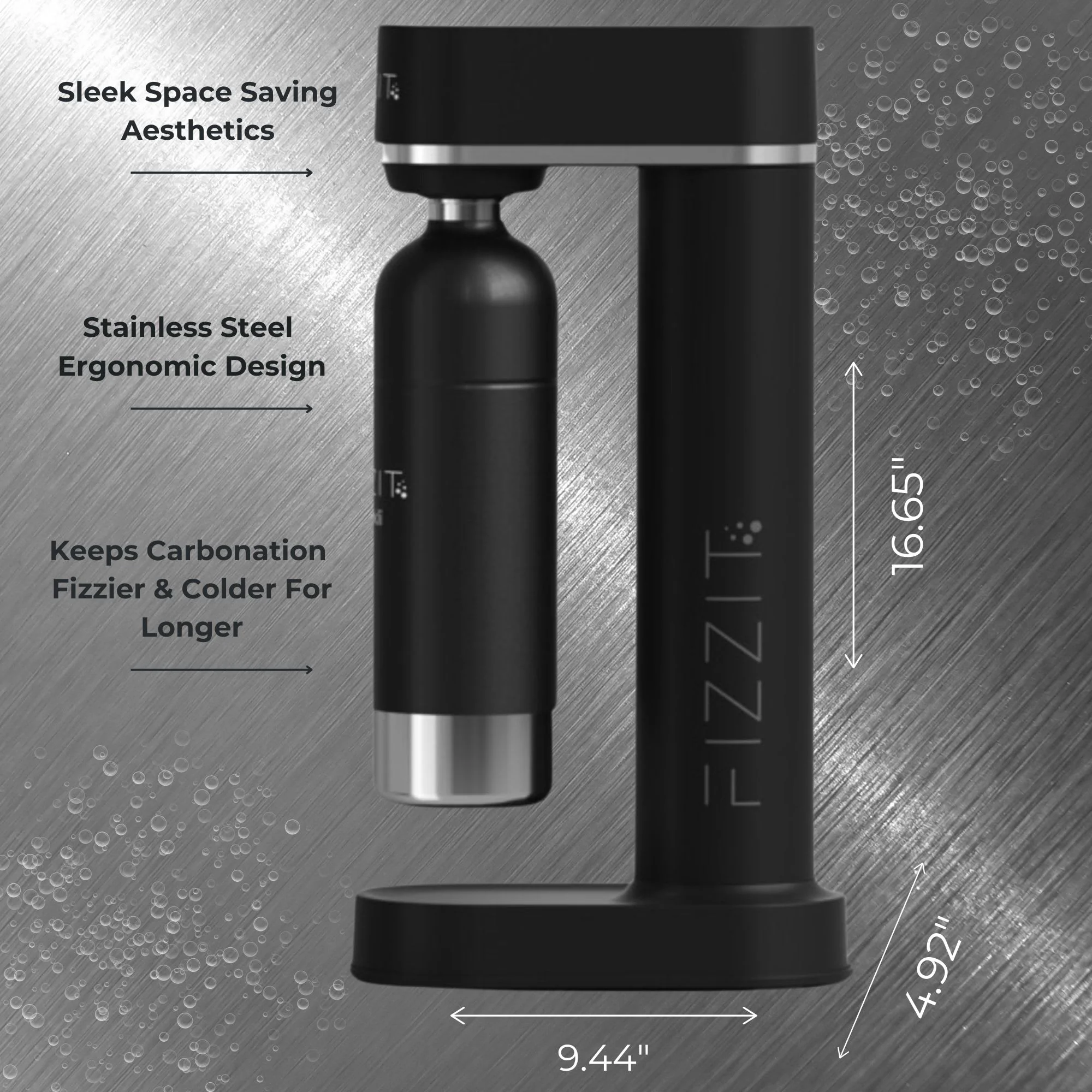 Black Fizzit Stainless Steel Sparkling Water Maker Bundle | Includes Soda Maker, CO2 Cylinder, & Black Stainless Steel Bottle | Customizable Carbonated Water Machine, Reusable Bottle & Eco-Friendly - Image 2
