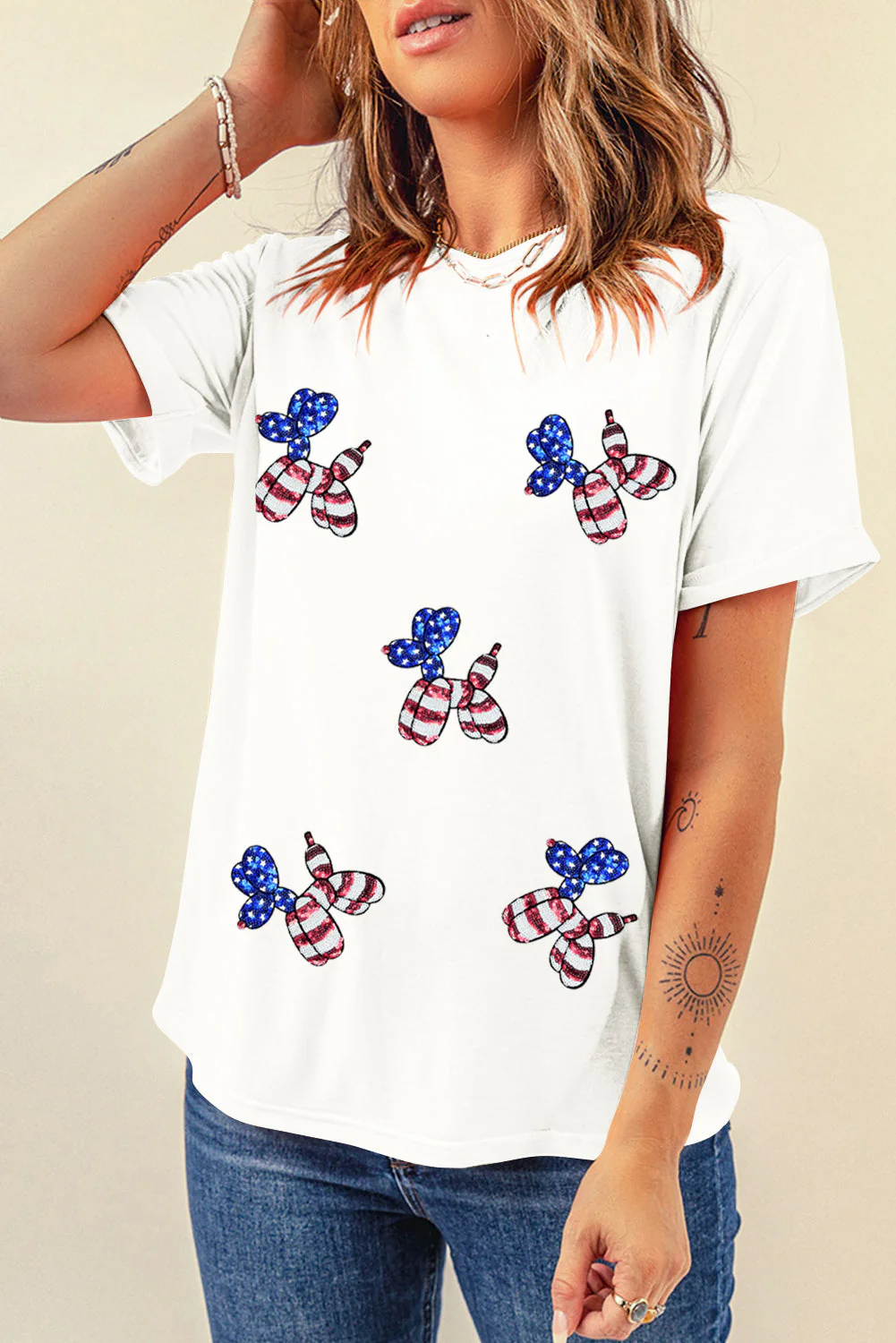 Black Patriotic Sequin Balloon Puppy Graphic Crewneck Tee - Image 20