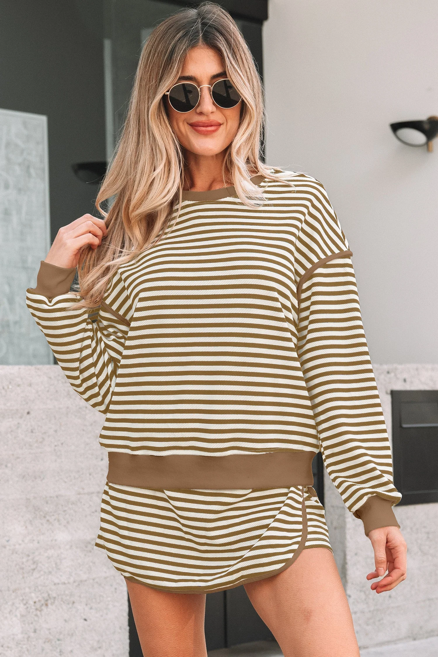 Black Stripe Textured Drop Shoulder Pullover Top Drawstring Mini Skirt Two Piece Dress Set - Image 6