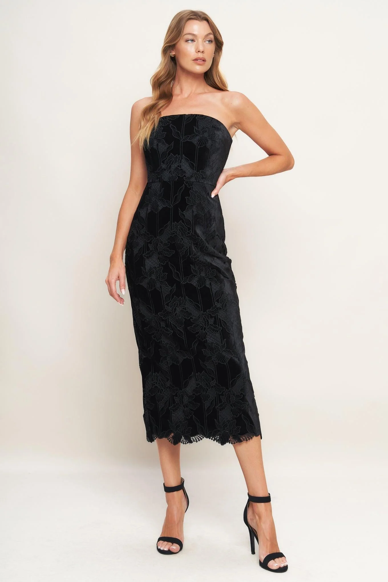Black Temptation Woven Velvet Lace Midi Dress - Image 4