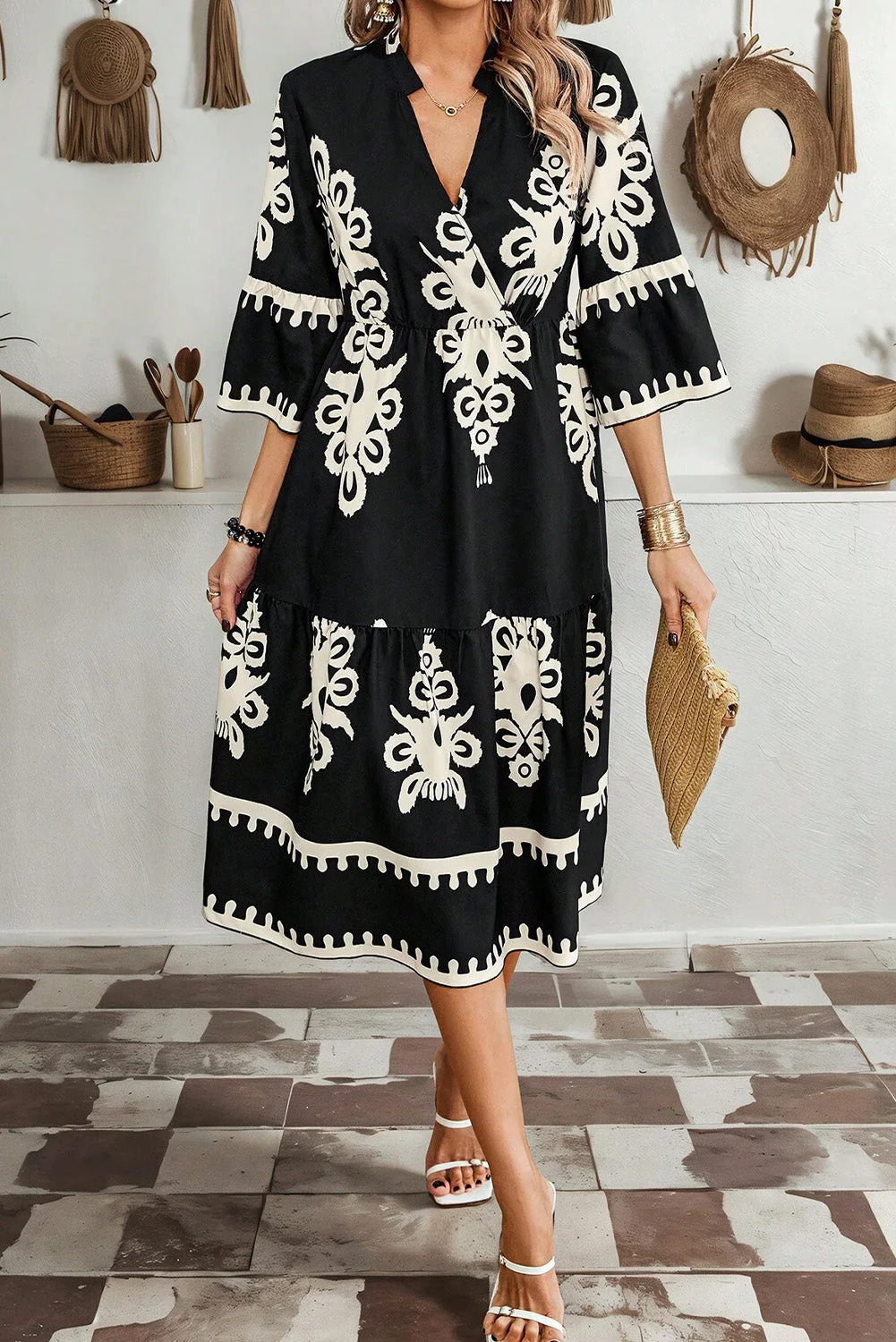 Black Western Geometric Print 3/4 Sleeve Loose Midi Dress - Image 4