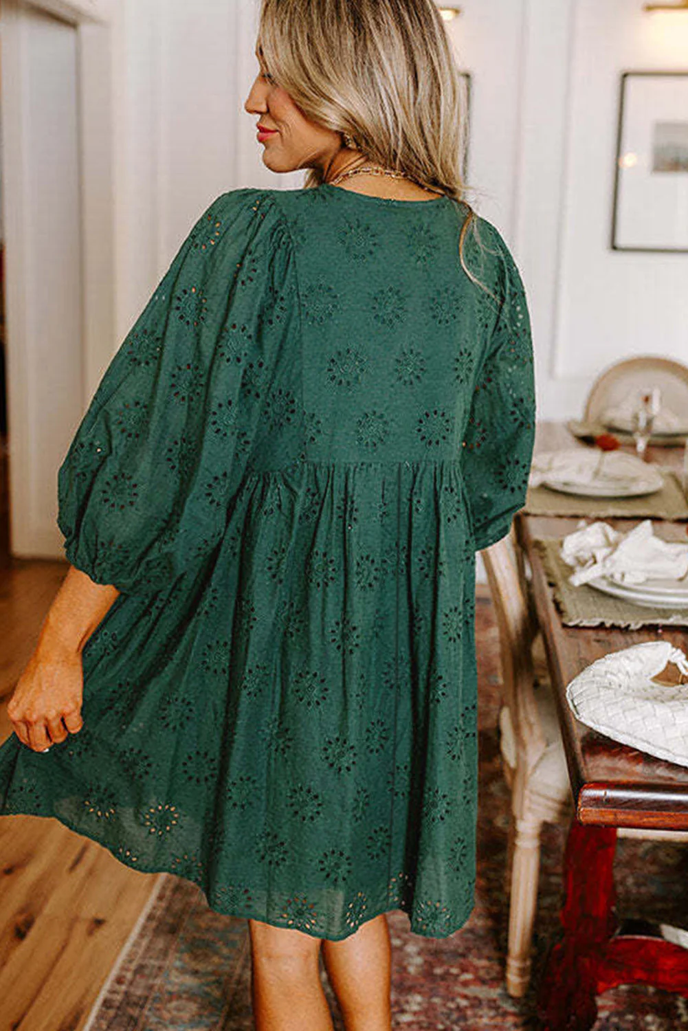 Blackish Green Embroidered Eyelet Pattern Puff Sleeve Mini Dress - Image 2