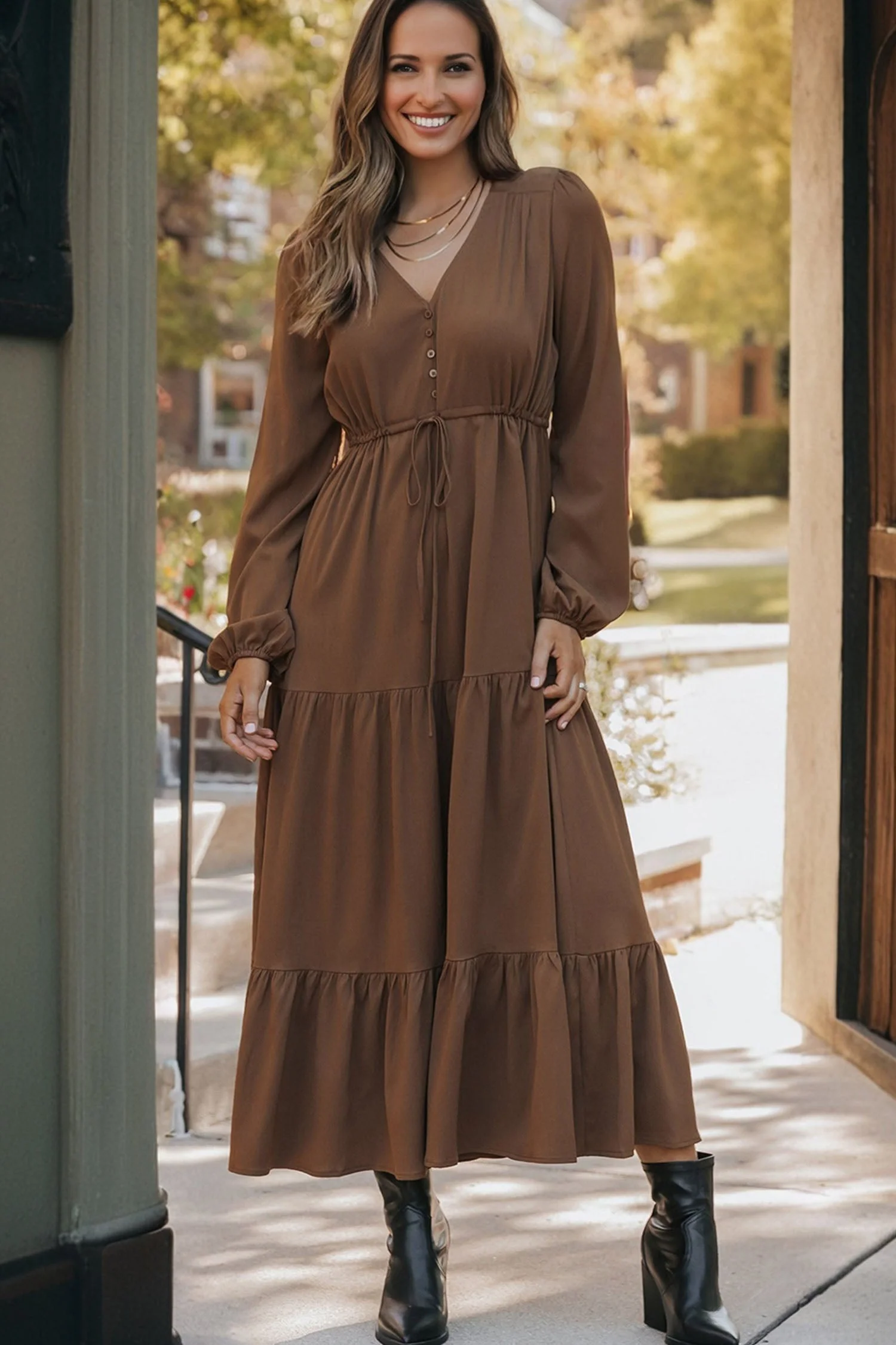 Blackish Green Solid Long Sleeve Button V Neck Tiered Maxi Dress - Image 10