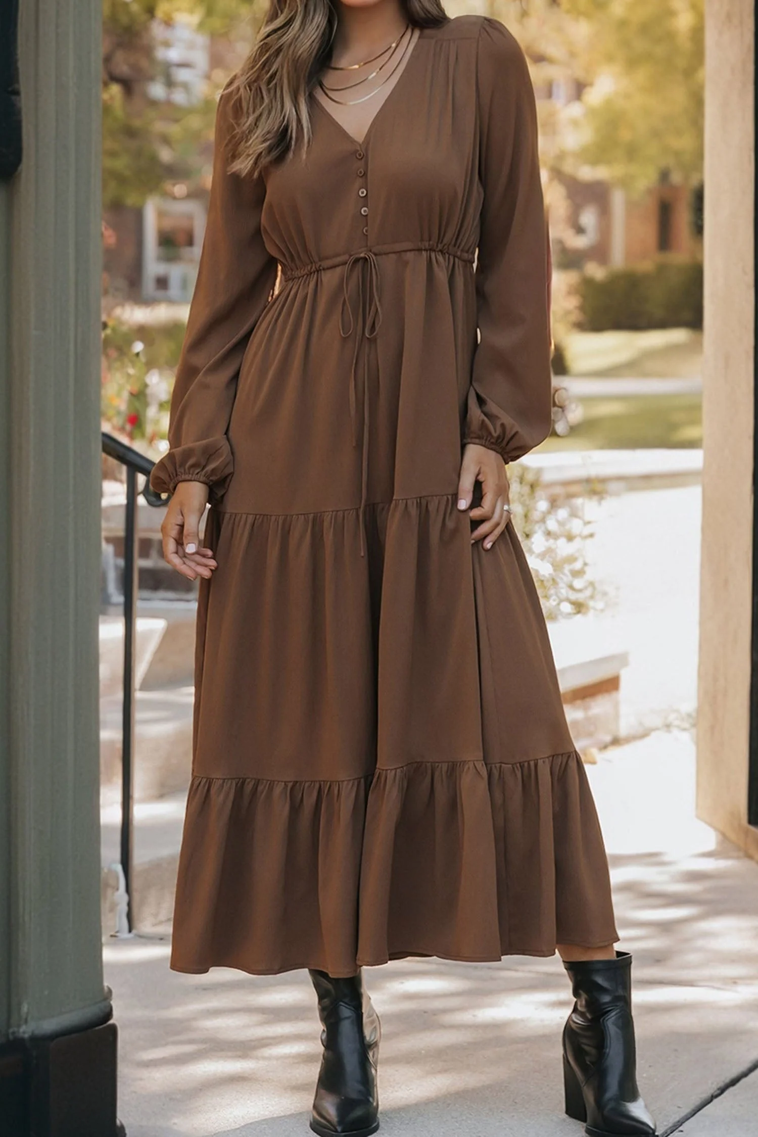 Blackish Green Solid Long Sleeve Button V Neck Tiered Maxi Dress - Image 7