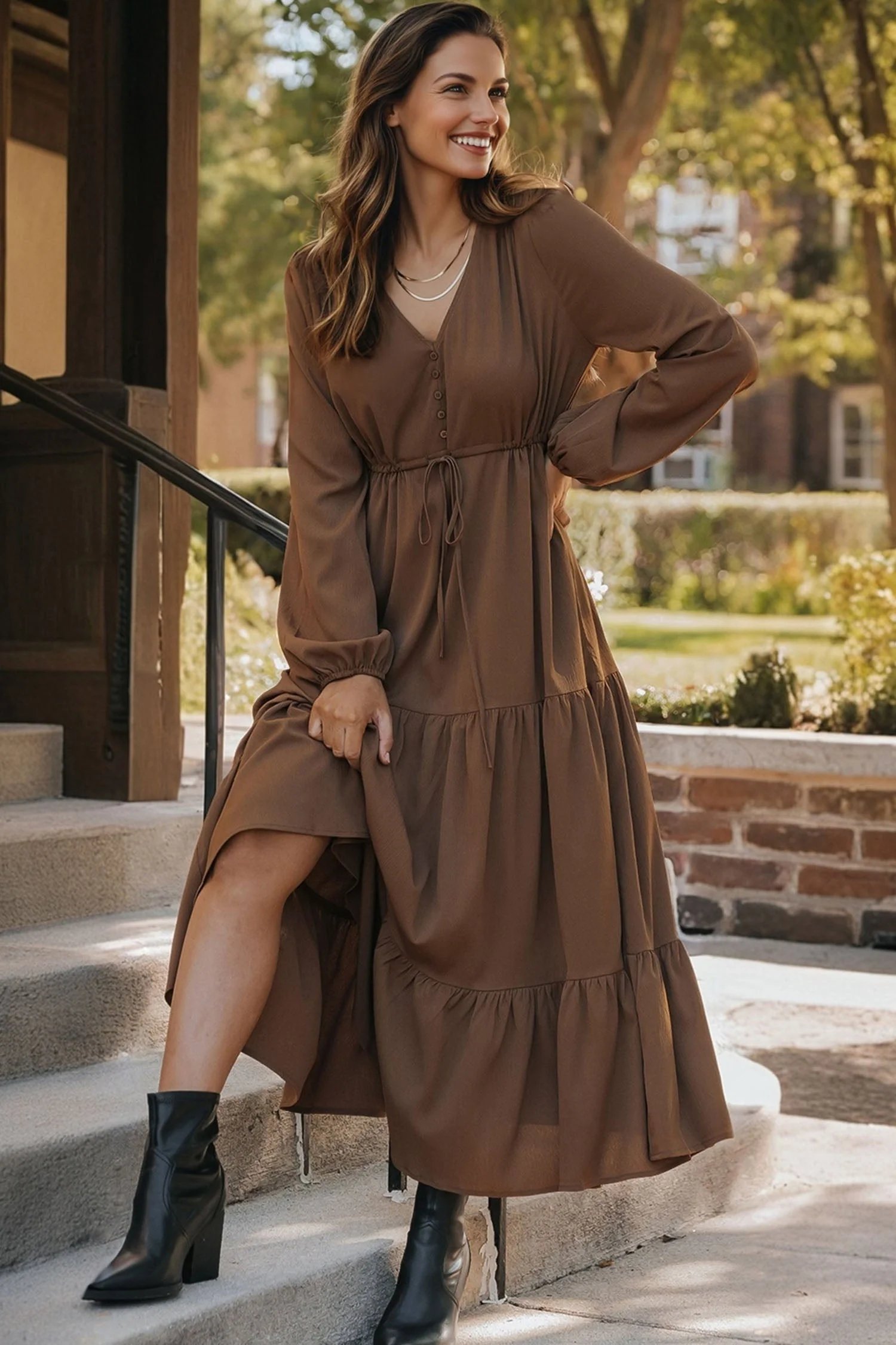 Blackish Green Solid Long Sleeve Button V Neck Tiered Maxi Dress - Image 8