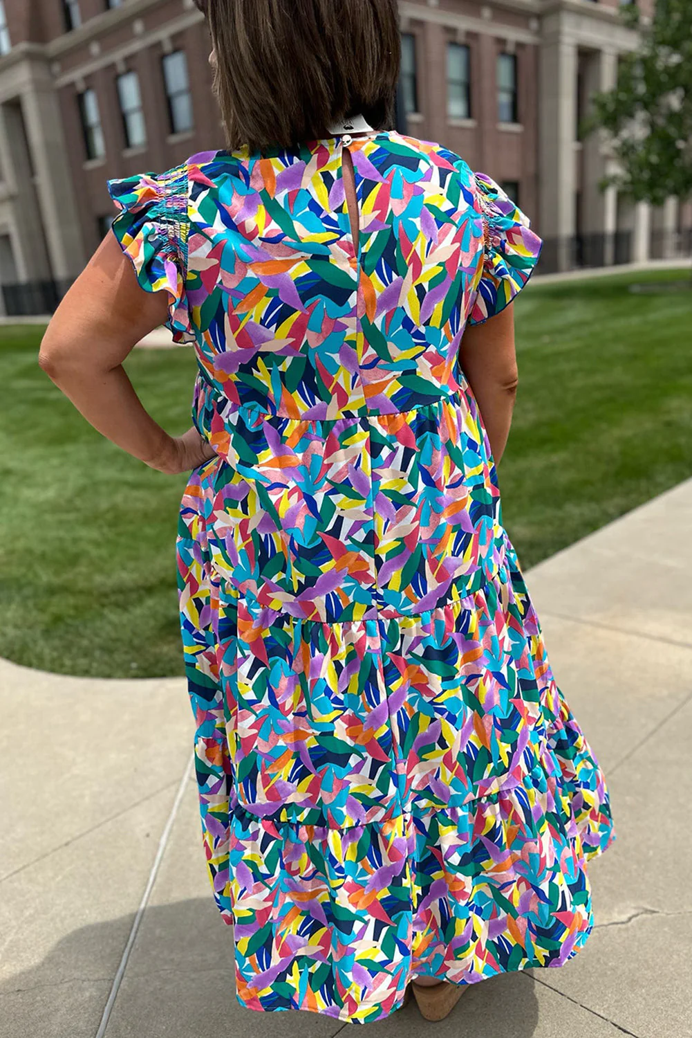 Blue Abstract Print Ruffle Sleeve Plus Size Tiered Maxi Dress - Image 2