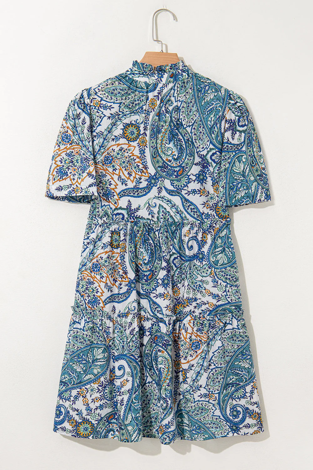 Blue Bohemian Paisley Floral V Neck Short Sleeve Mini Dress - Image 10