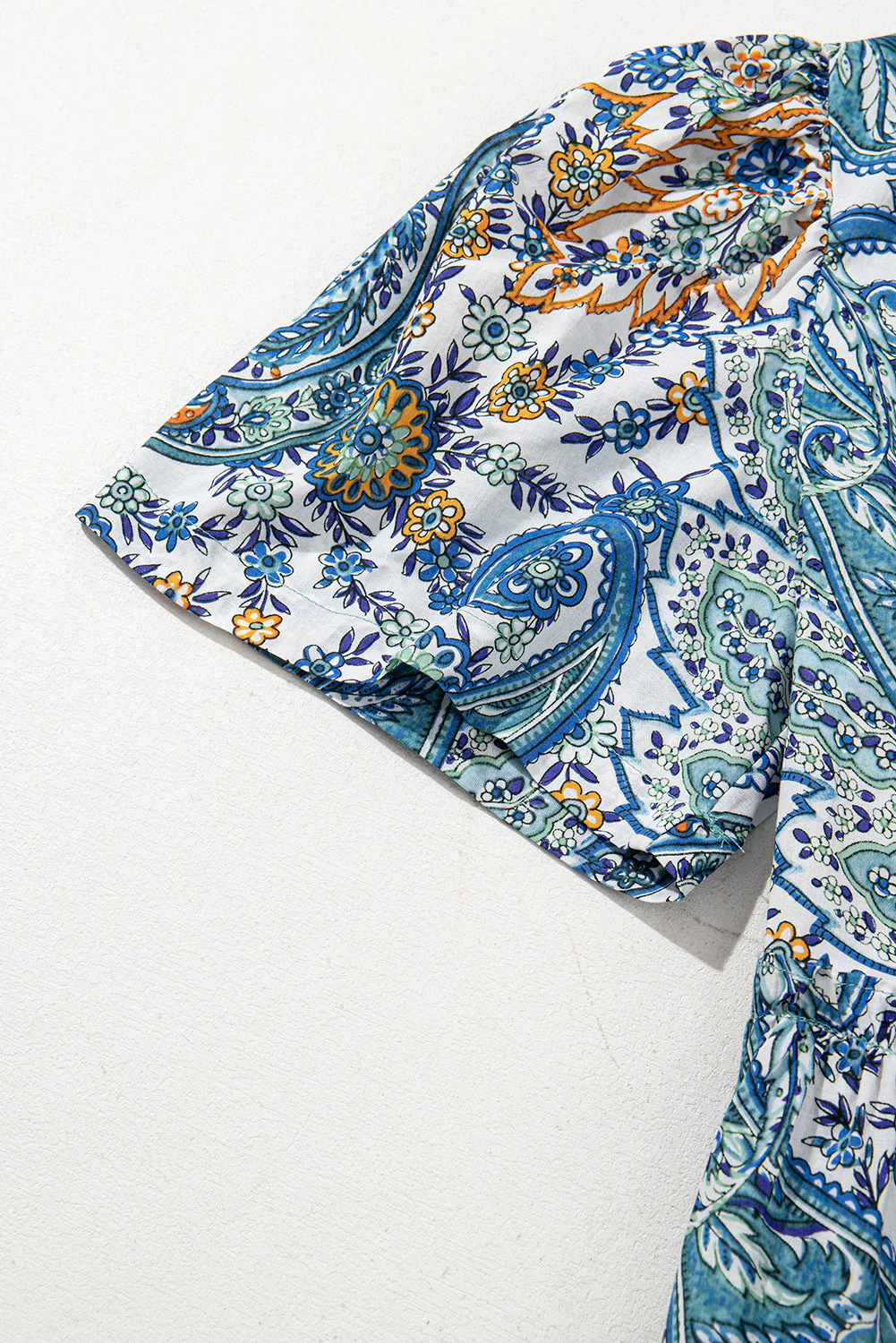 Blue Bohemian Paisley Floral V Neck Short Sleeve Mini Dress - Image 14