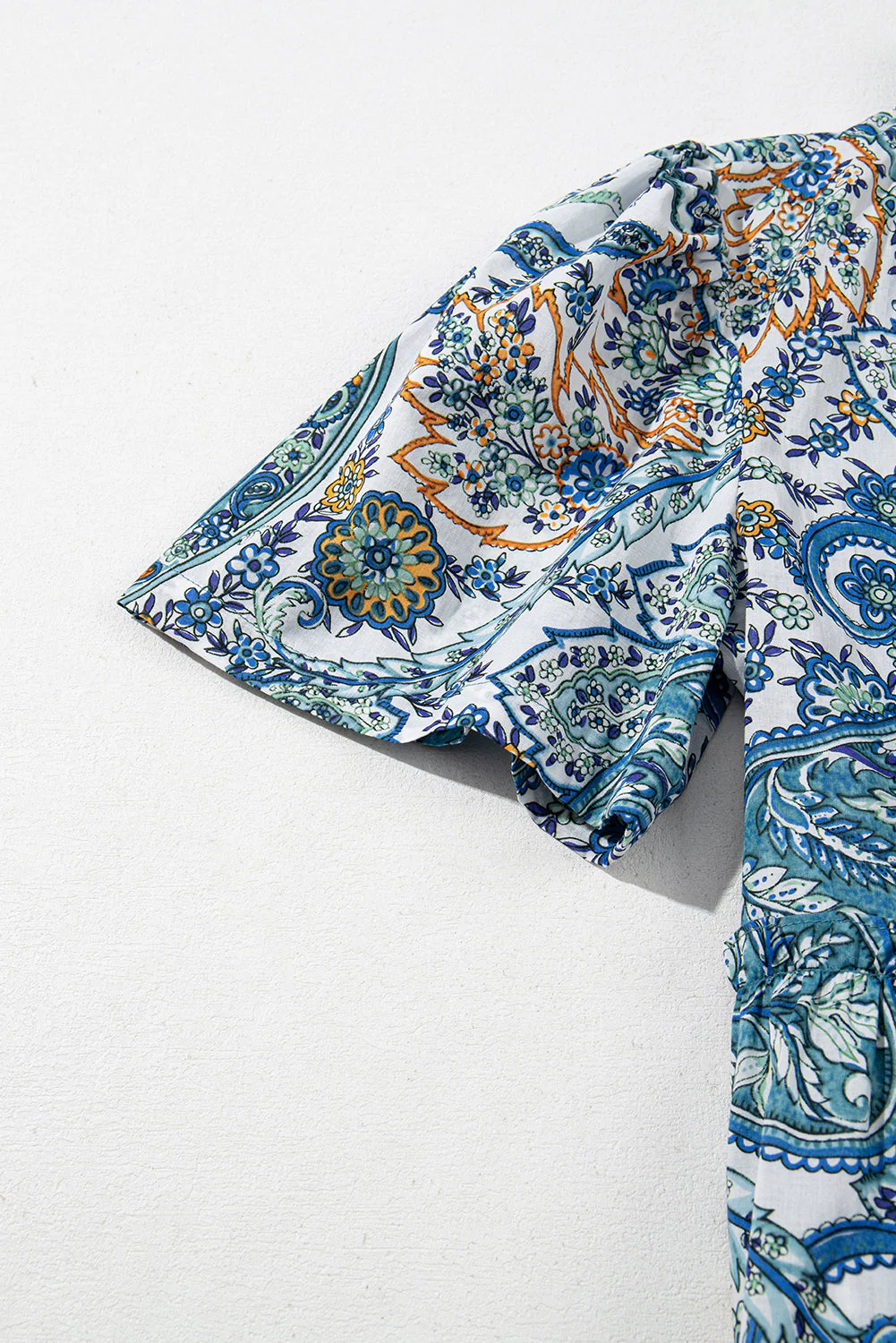 Blue Bohemian Paisley Floral V Neck Short Sleeve Mini Dress - Image 6