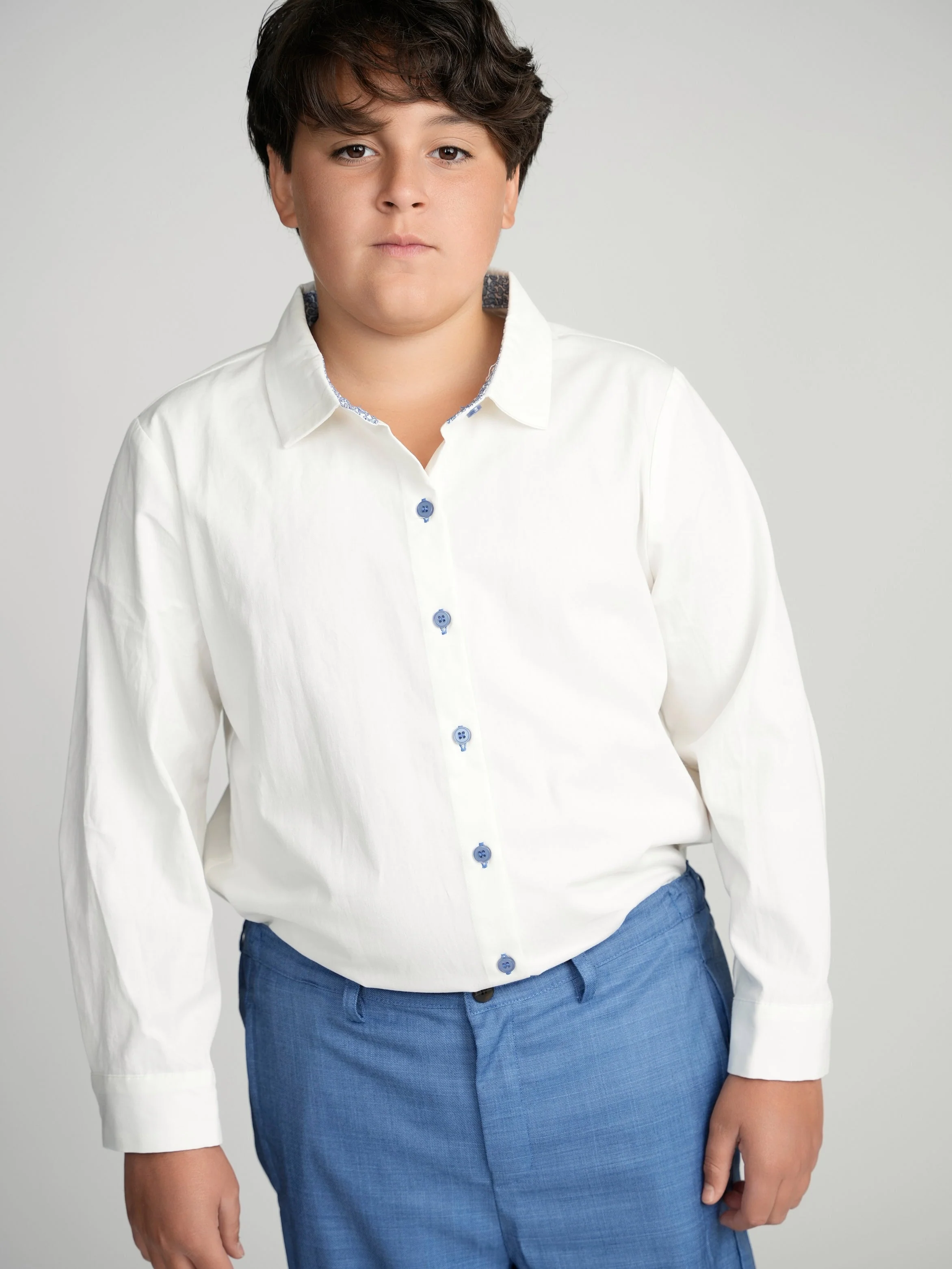 Blue Buttons Long Sleeve Dress Shirt with Paisley Contrast - Image 2