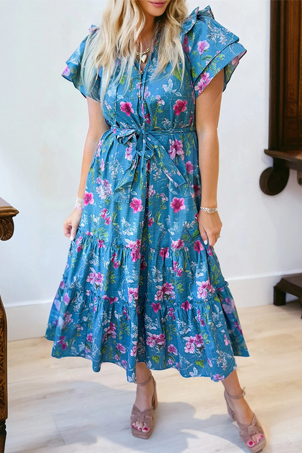 Blue Floral Flutter Sleeve Button Tie Split Neck Belted Long Dress - Image 2