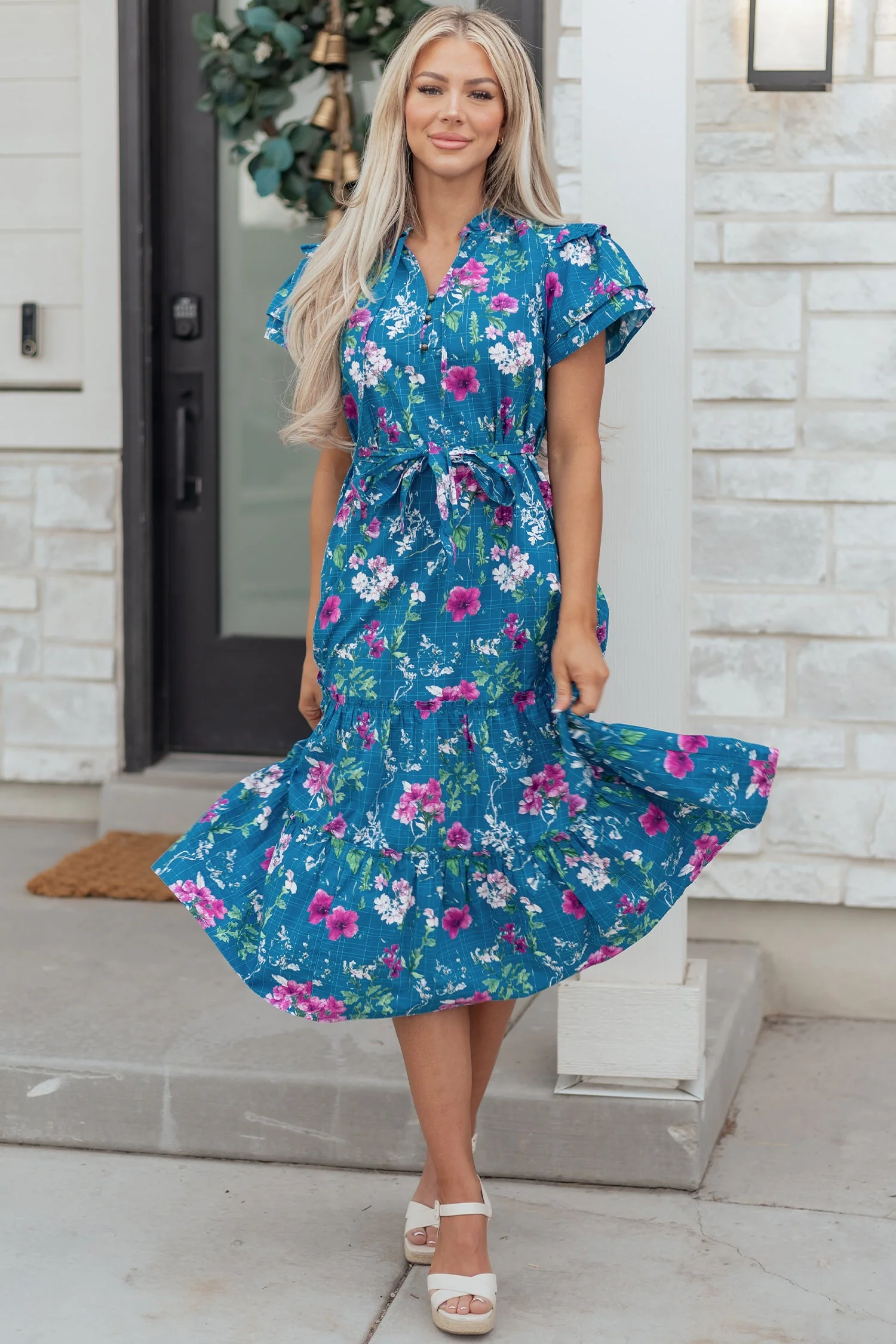 Blue Floral Flutter Sleeve Button Tie Split Neck Belted Long Dress - Image 6