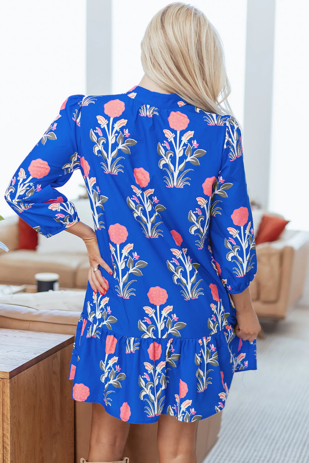 Blue Floral Print Button Detail 3/4 Puff Sleeve Ruffle Hem Dress - Image 3