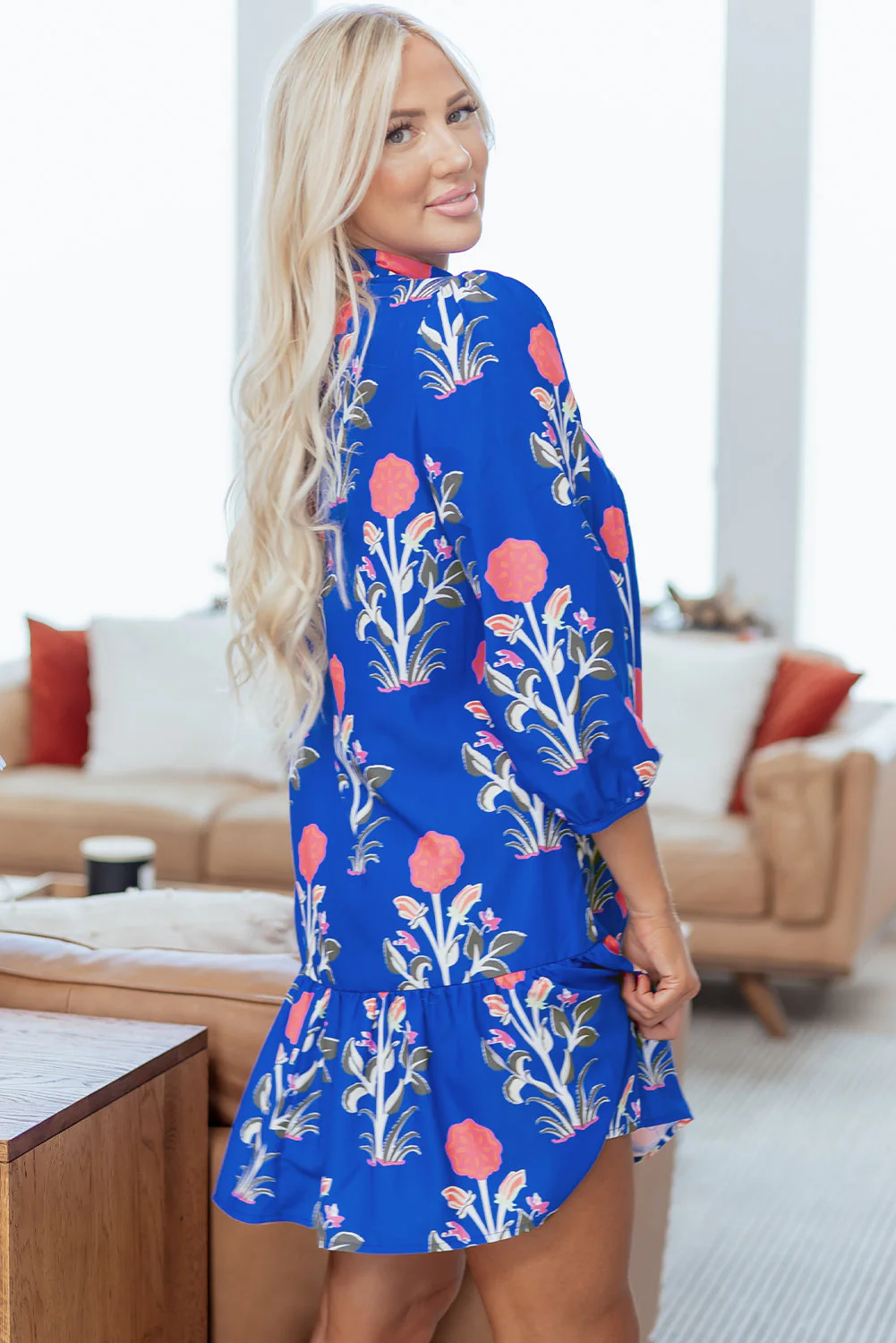 Blue Floral Print Button Detail 3/4 Puff Sleeve Ruffle Hem Dress - Image 5
