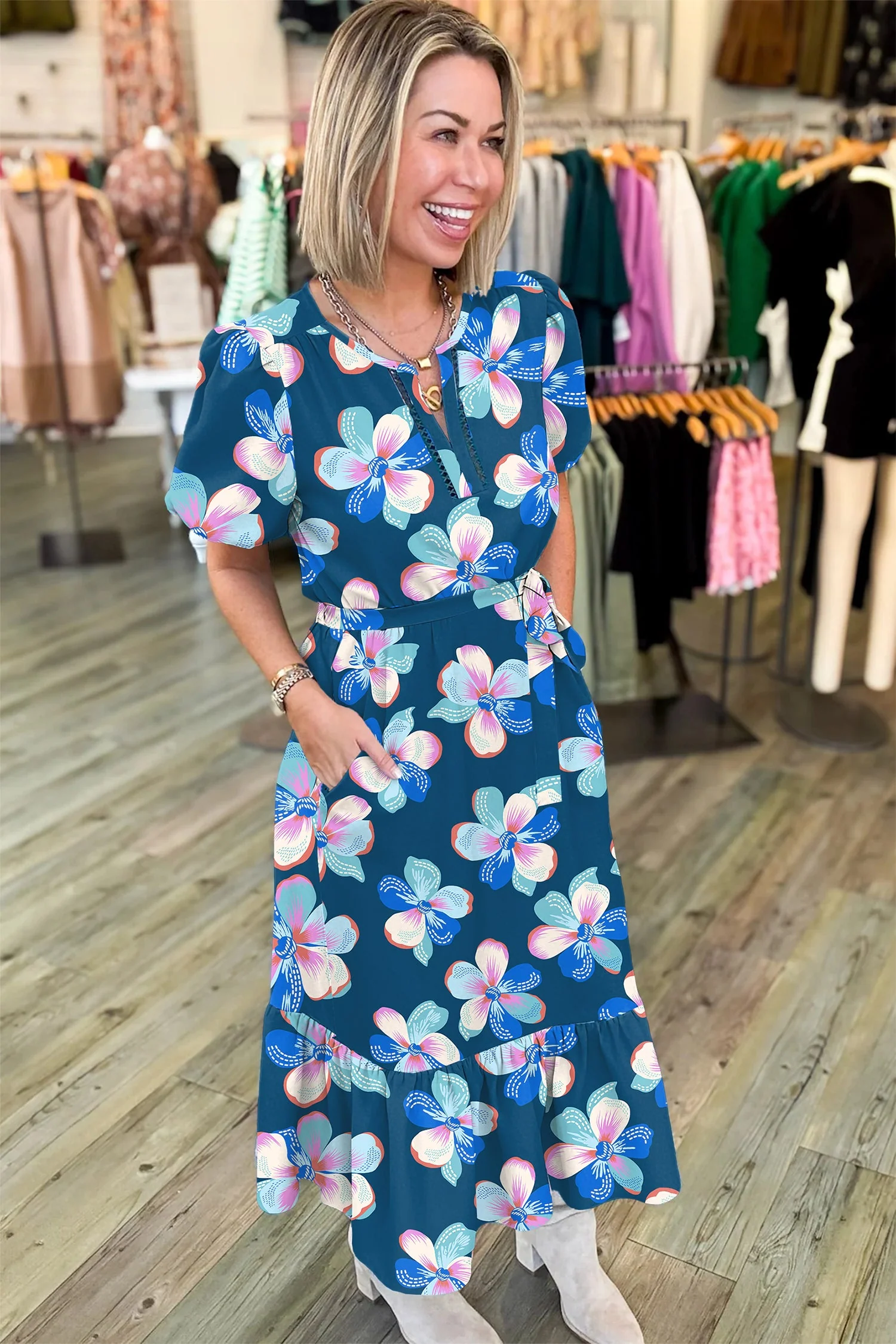 Blue Floral Print Short Puff Sleeve Ruffle Hem Belted Long Dress - Image 3