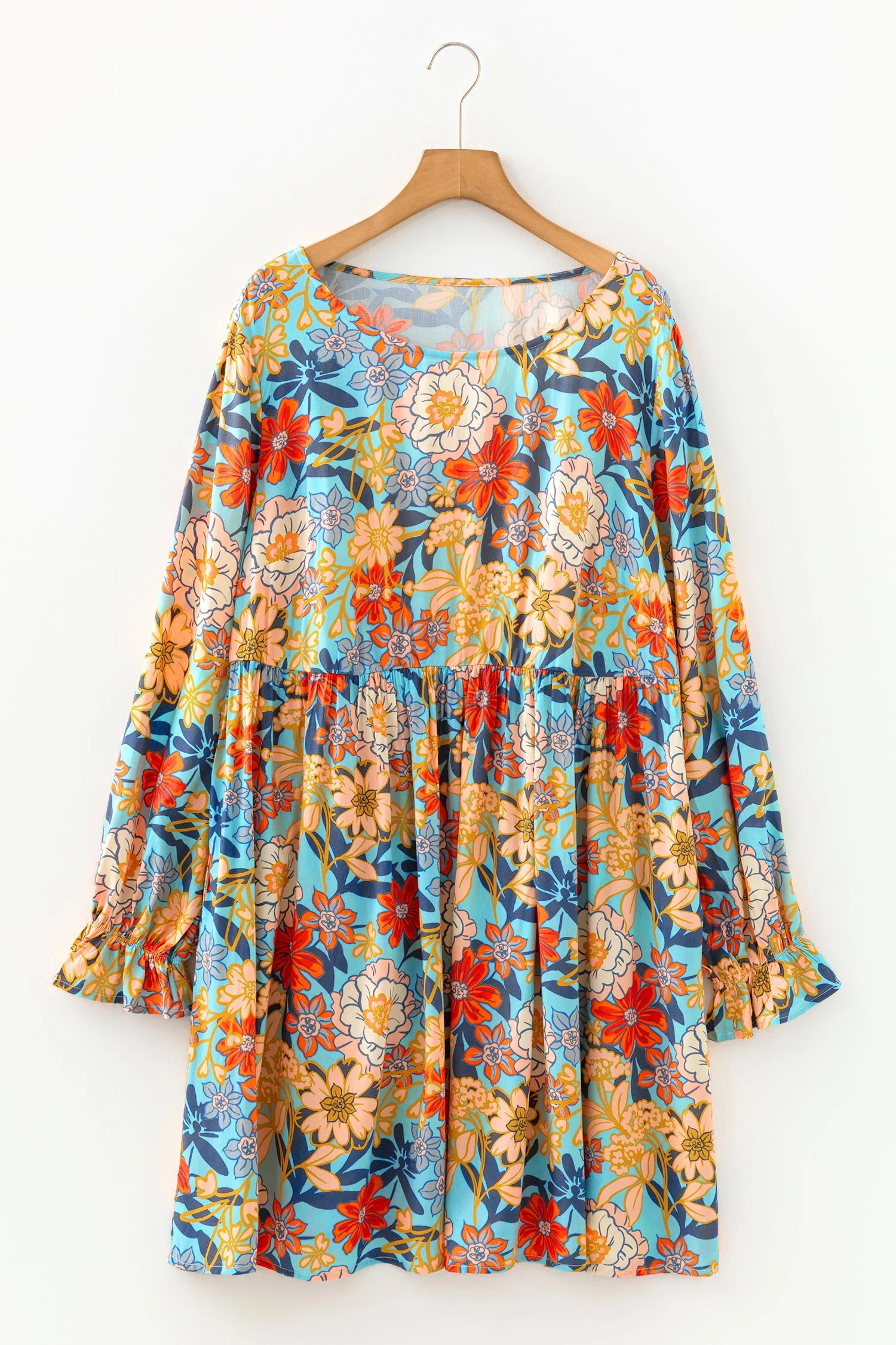 Blue Plus Size Floral Ruffled Long Sleeve Flowy Mini Dress - Image 2