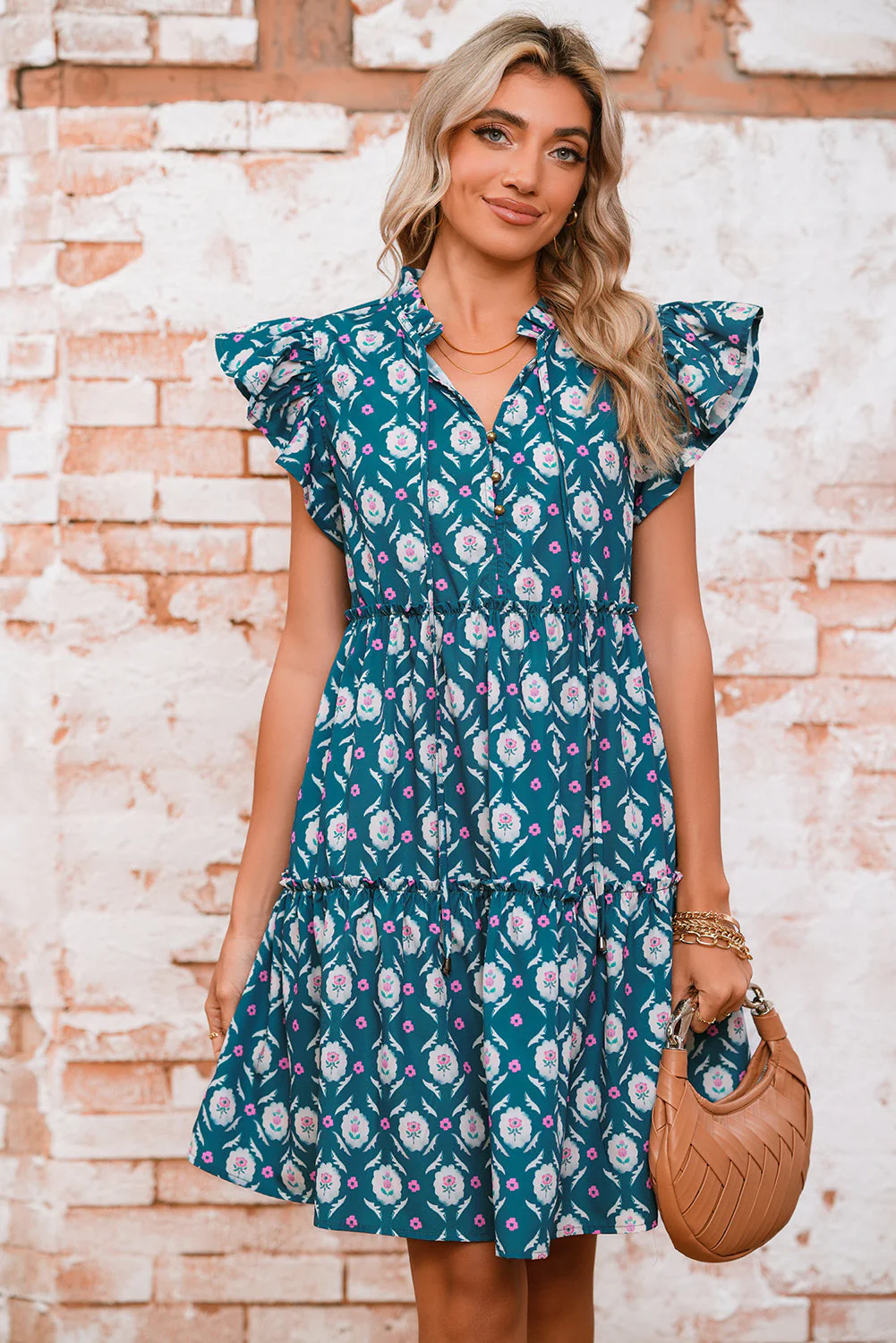 Blue Retro Floral Print Split Neck Ruffle Short Sleeve Dress - Image 5