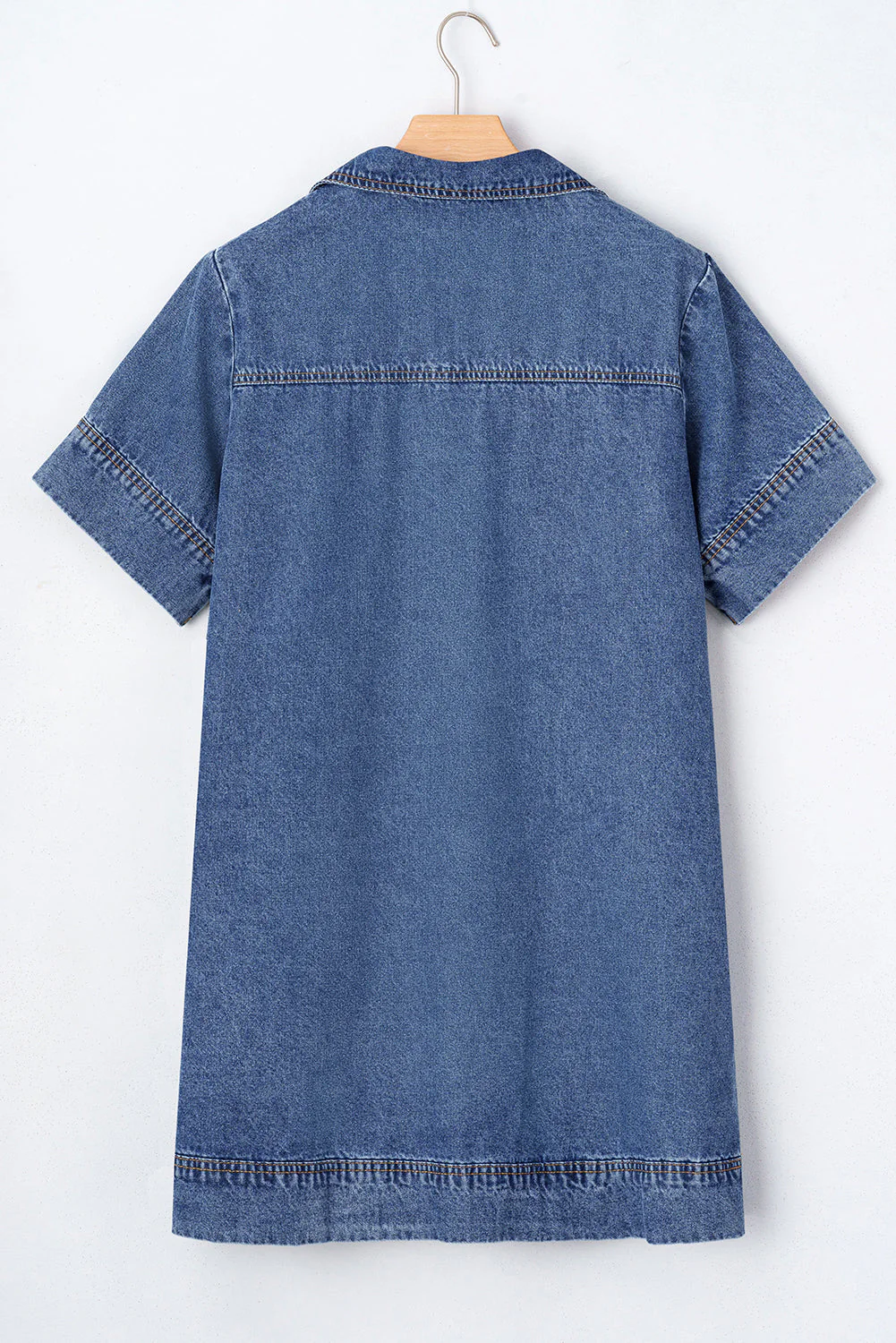 Blue Short Sleeve Collared Chest Pocket Denim Mini Dress - Image 4