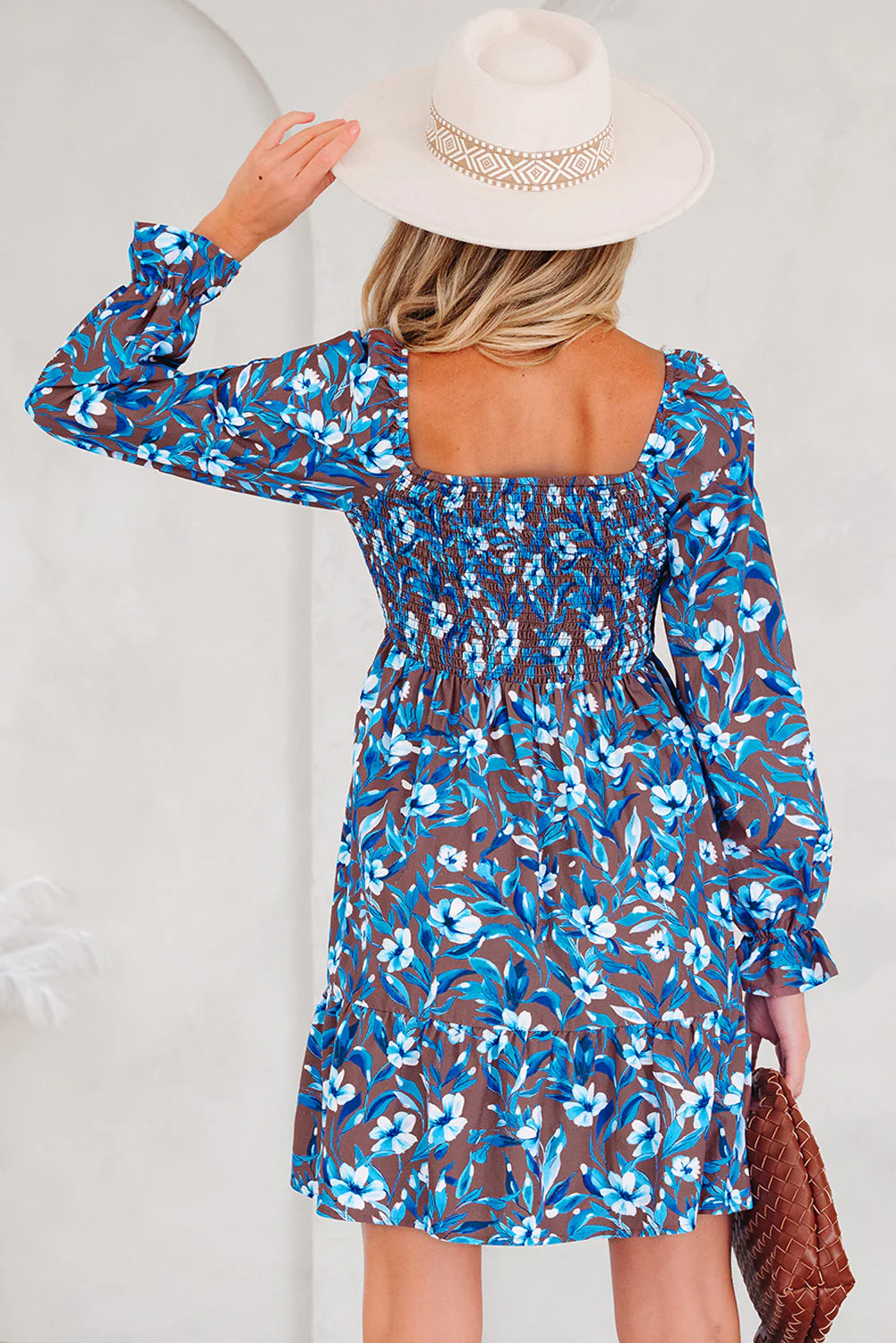 Blue Smocked Bodice High Waist Ruffled Sleeve Floral Dress - Image 10