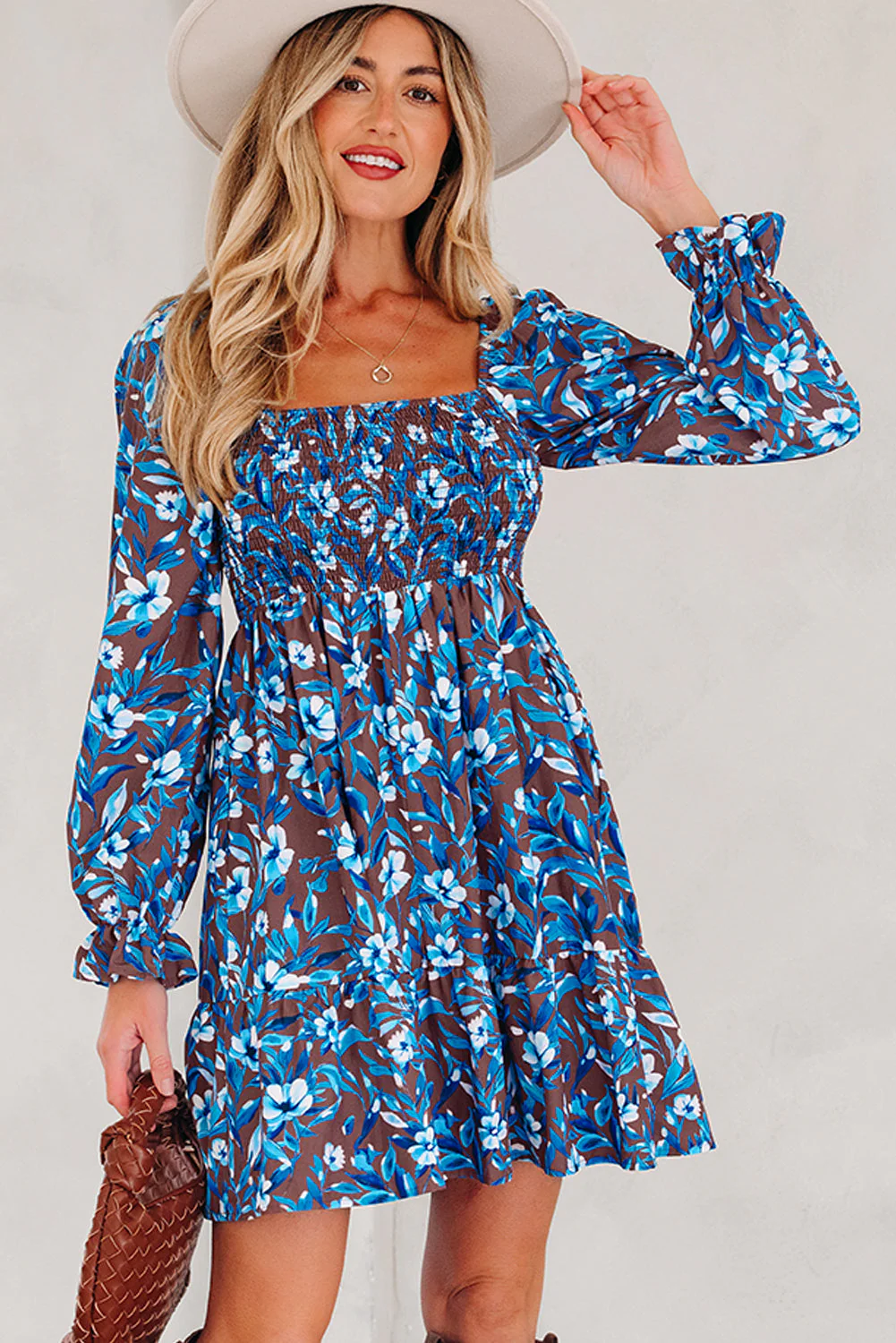 Blue Smocked Bodice High Waist Ruffled Sleeve Floral Dress - Image 13