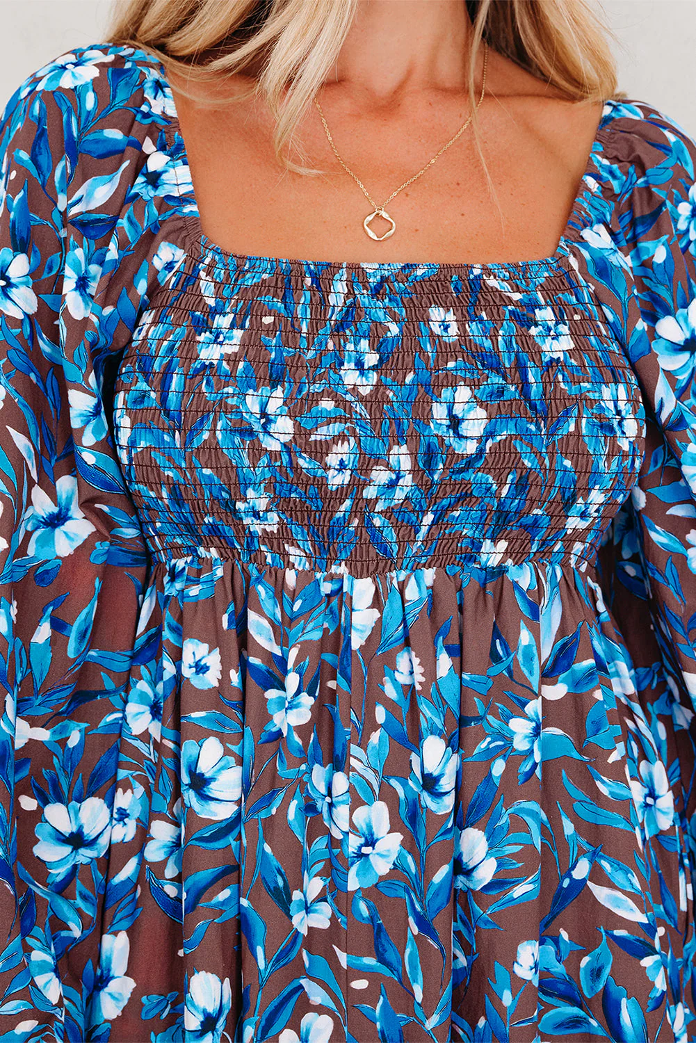 Blue Smocked Bodice High Waist Ruffled Sleeve Floral Dress - Image 14