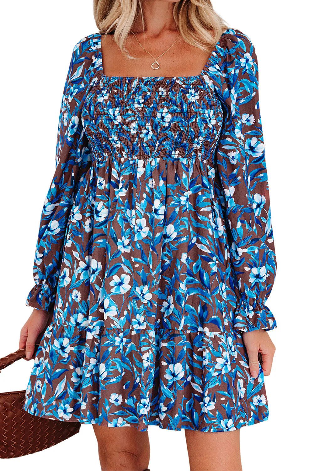 Blue Smocked Bodice High Waist Ruffled Sleeve Floral Dress - Image 16