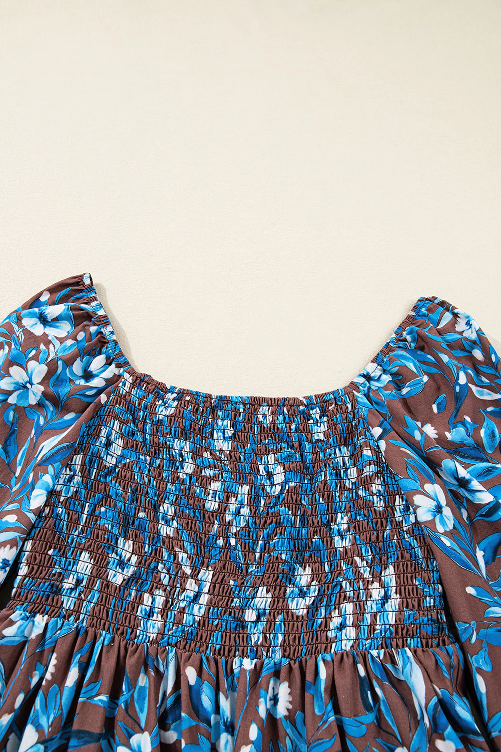 Blue Smocked Bodice High Waist Ruffled Sleeve Floral Dress - Image 7