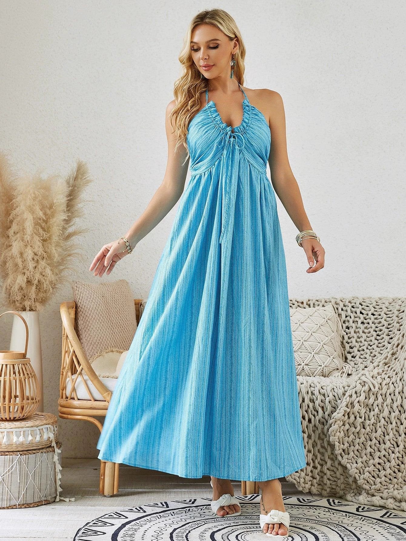 Bohemian Halter Maxi Dress - Women's Summer Sleeveless Flowy Beach Dress - Image 5