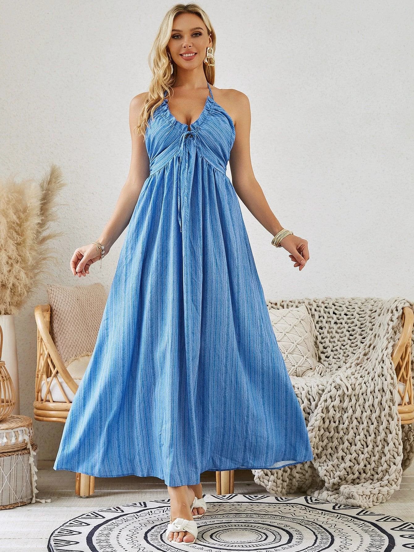 Bohemian Halter Maxi Dress - Women's Summer Sleeveless Flowy Beach Dress - Image 3