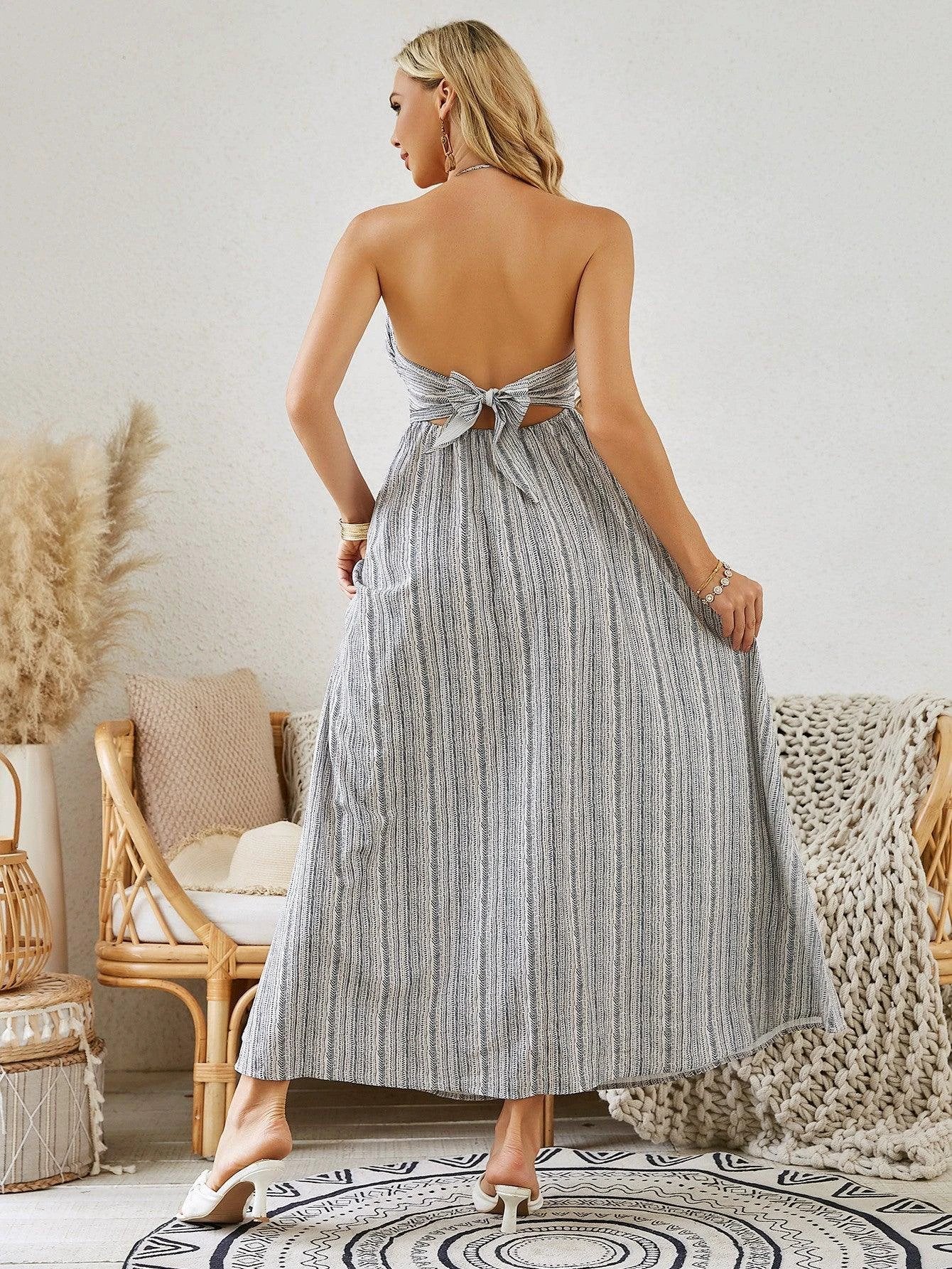 Bohemian Halter Maxi Dress - Women's Summer Striped Sleeveless Flowy Beach Dress - Image 3