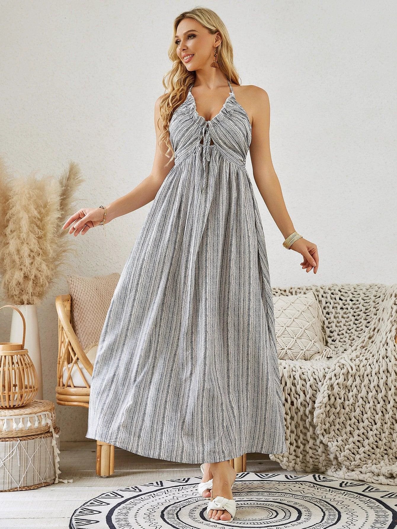 Bohemian Halter Maxi Dress - Women's Summer Striped Sleeveless Flowy Beach Dress - Image 4
