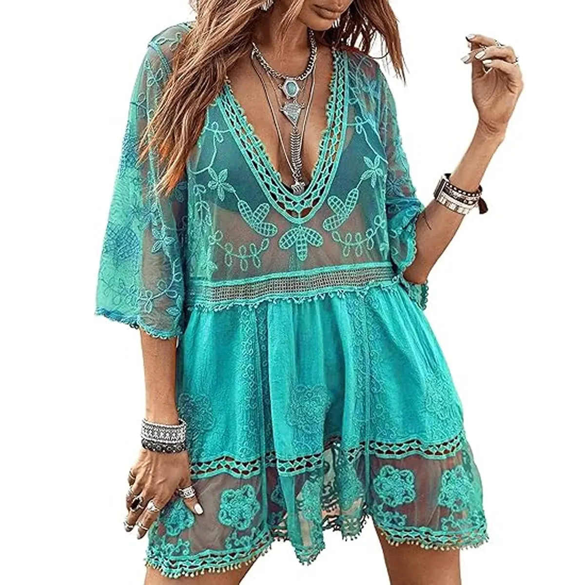 Boho Floral Sheer Cover Up Dress - Image 6