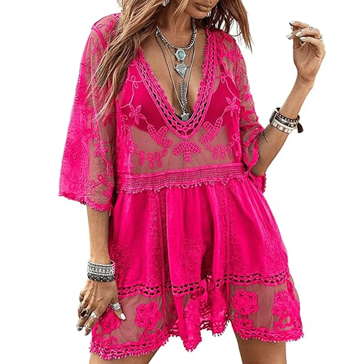 Boho Floral Sheer Cover Up Dress - Image 8