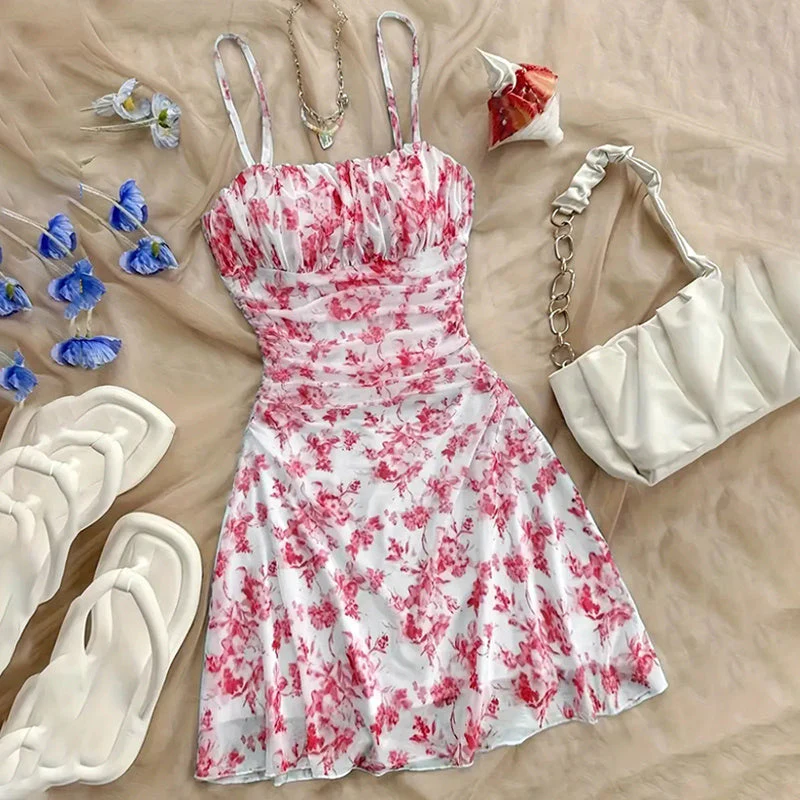 Boho Floral Spaghetti Strap Mini Dress – Ruched Ruffle Hem Vacation Sundress - Image 10