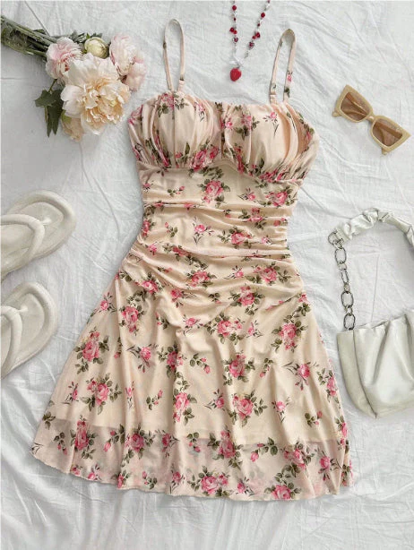 Boho Floral Spaghetti Strap Mini Dress – Ruched Ruffle Hem Vacation Sundress - Image 15