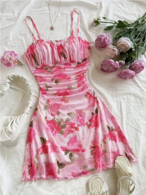 Boho Floral Spaghetti Strap Mini Dress – Ruched Ruffle Hem Vacation Sundress - Image 20