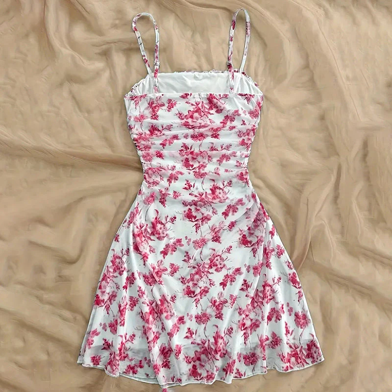 Boho Floral Spaghetti Strap Mini Dress – Ruched Ruffle Hem Vacation Sundress - Image 4