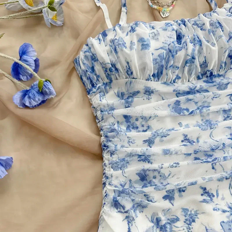Boho Floral Spaghetti Strap Mini Dress – Ruched Ruffle Hem Vacation Sundress - Image 5