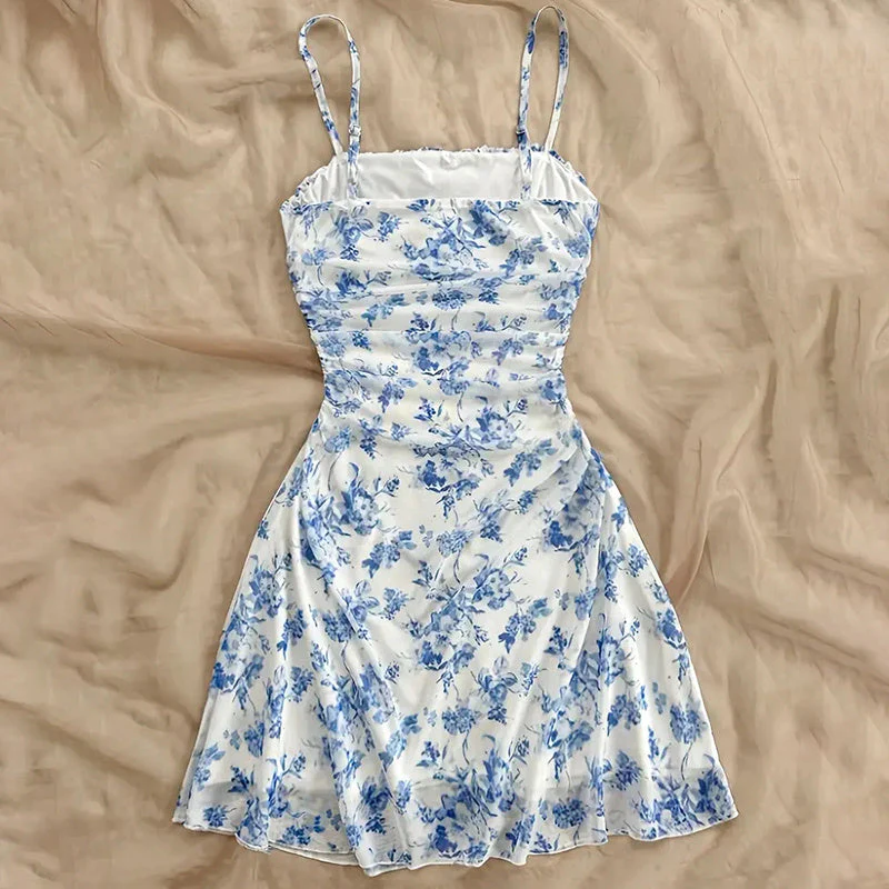 Boho Floral Spaghetti Strap Mini Dress – Ruched Ruffle Hem Vacation Sundress - Image 6