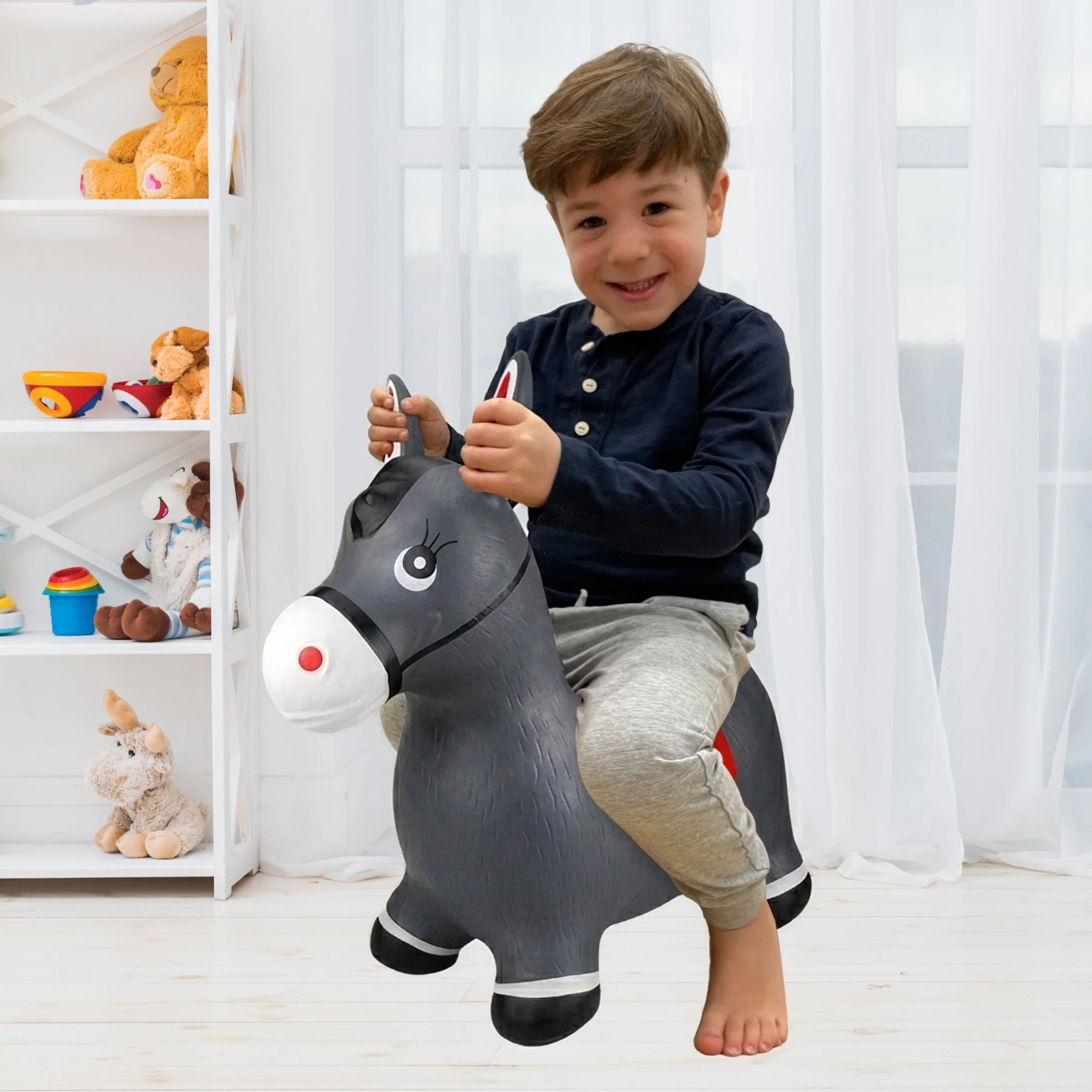 BounceZiez Inflatable Bouncy Ride-On Hopper with Pump - Gray Horse